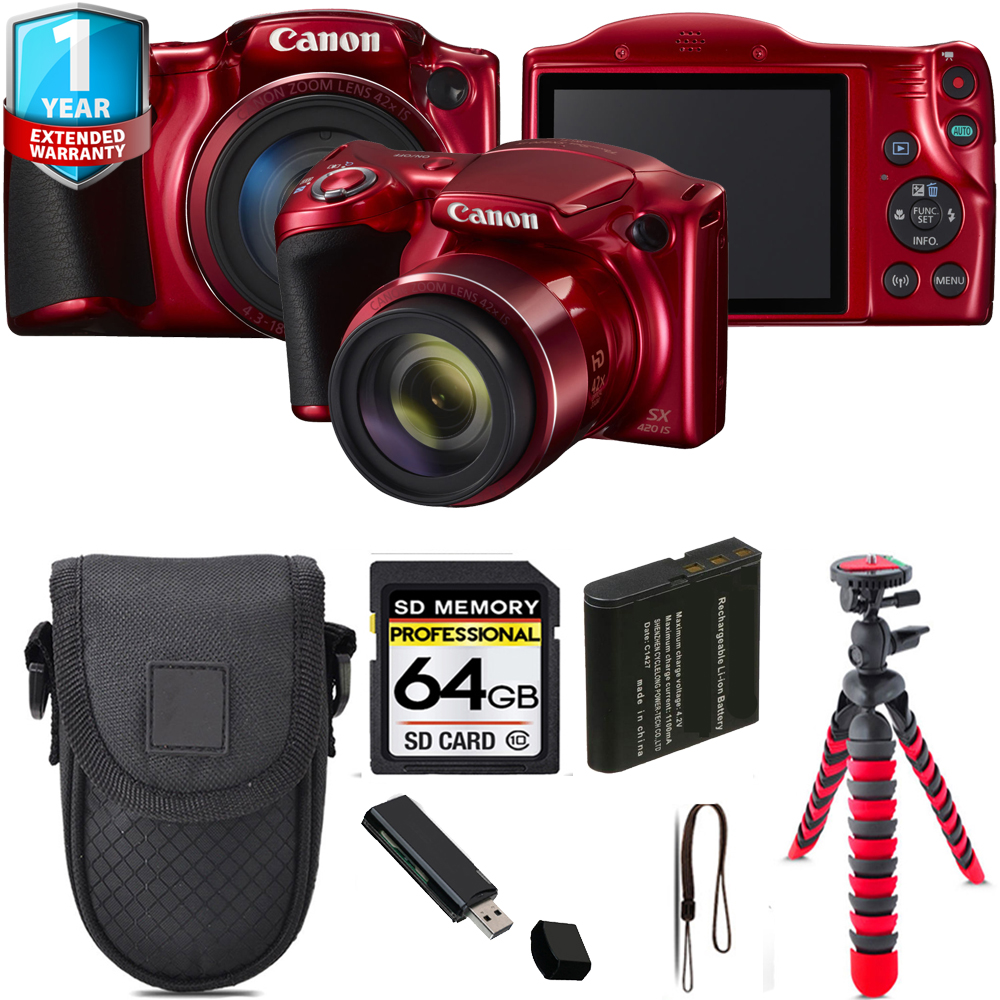 PowerShot SX420 IS Camera (Red) + Tripod + 1 Year Extended Warranty - 64GB Kit *FREE SHIPPING*