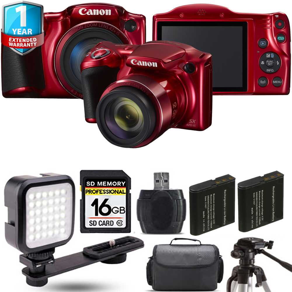 PowerShot SX420 IS (Red) + Extra Battery + 1 Year Extended Warranty - 16GB Kit *FREE SHIPPING*