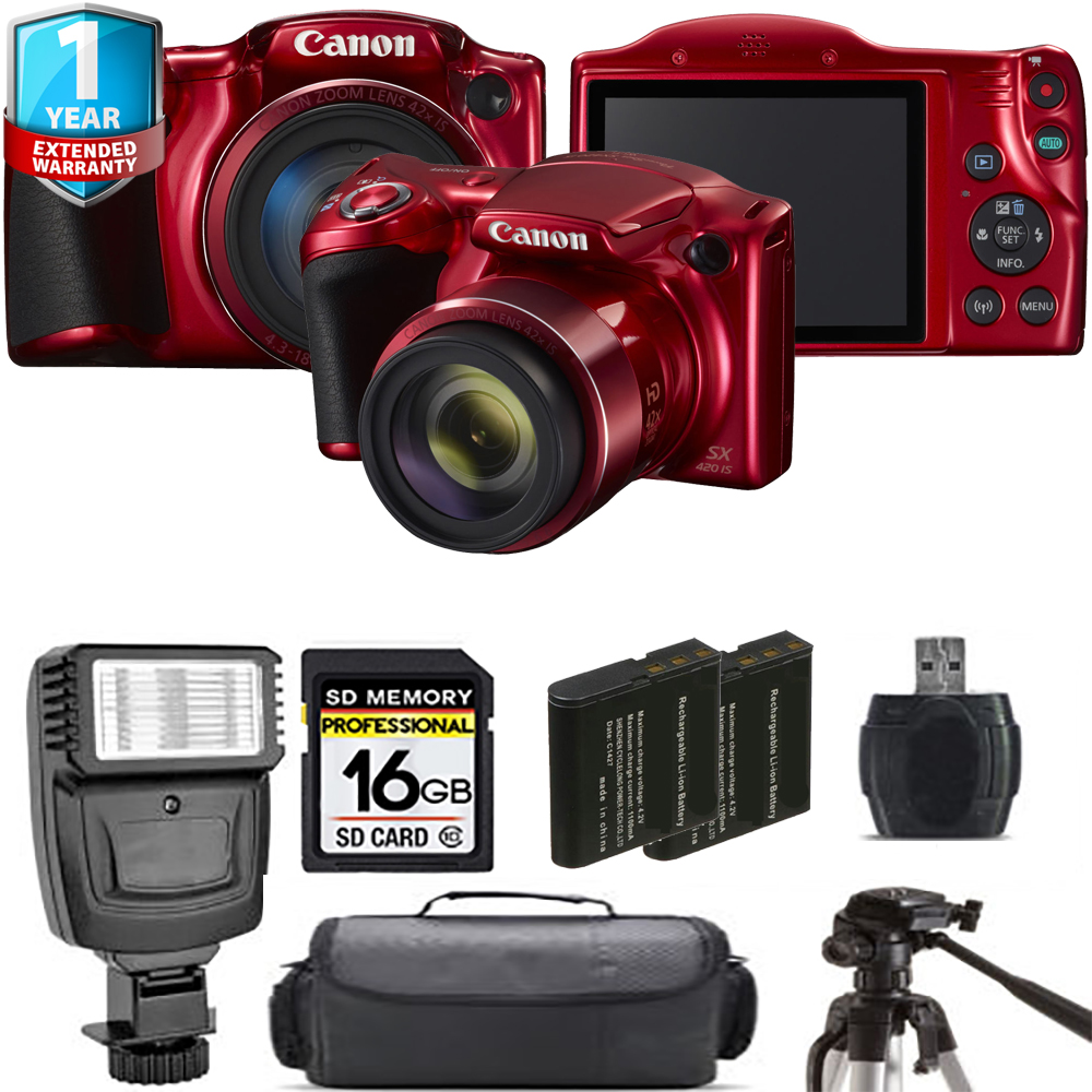 PowerShot SX420 IS Camera (Red) + Extra Battery + Flash + 1 Year Extended Warranty *FREE SHIPPING*