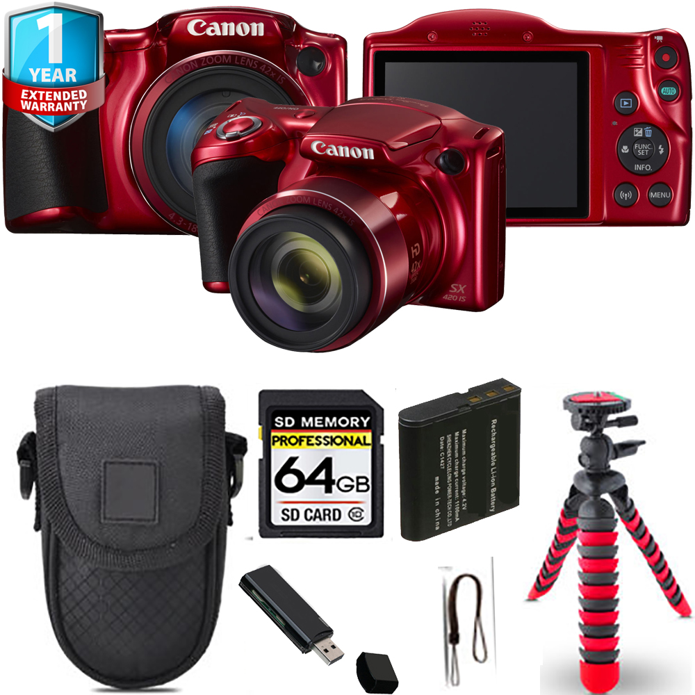 CANON | PowerShot SX420 IS Camera (Red) + Spider Tripod + 1 Year