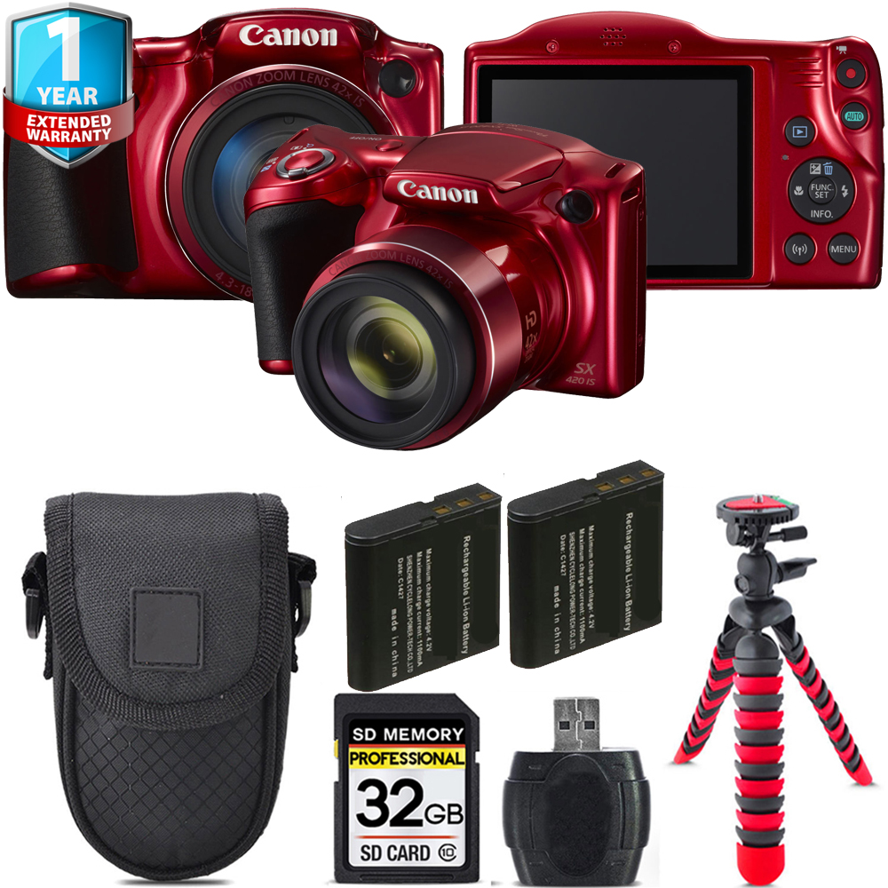 PowerShot SX420 IS Camera (Red) + 1 Year Extended Warranty + Tripod + Case - 32GB Kit *FREE SHIPPING*