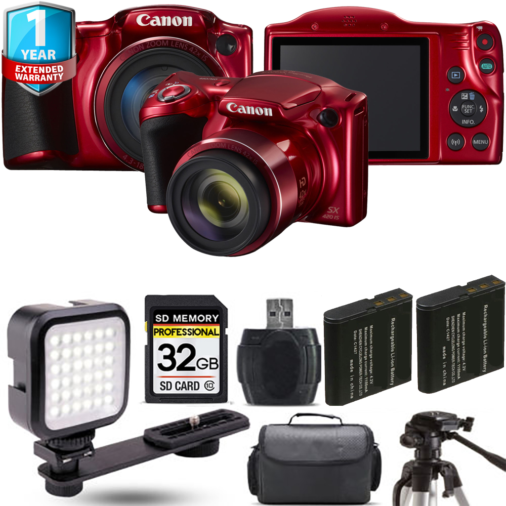 PowerShot SX420 IS Camera (Red) + Extra Battery + LED + 1 Year Extended Warranty *FREE SHIPPING*