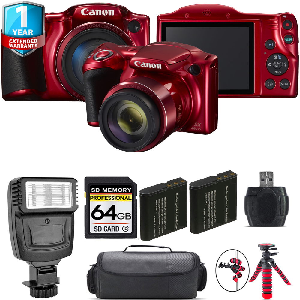 PowerShot SX420 IS Camera (Red) + 1 Year Extended Warranty + Flash - 64GB Kit *FREE SHIPPING*