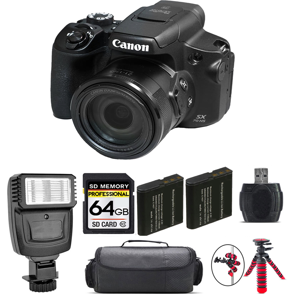 PowerShot SX70 HS Digital Camera + Extra Bat + Flash - 64GB Kit *FREE SHIPPING*