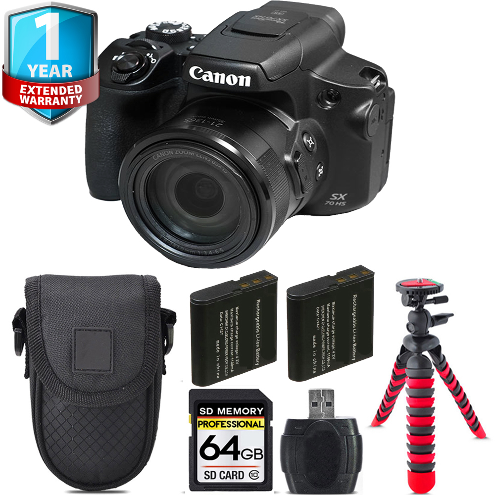 PowerShot SX70 HS Digital Camera + Extra Battery + Tripod + 1 Year Extended Warranty - 64GB *FREE SHIPPING*