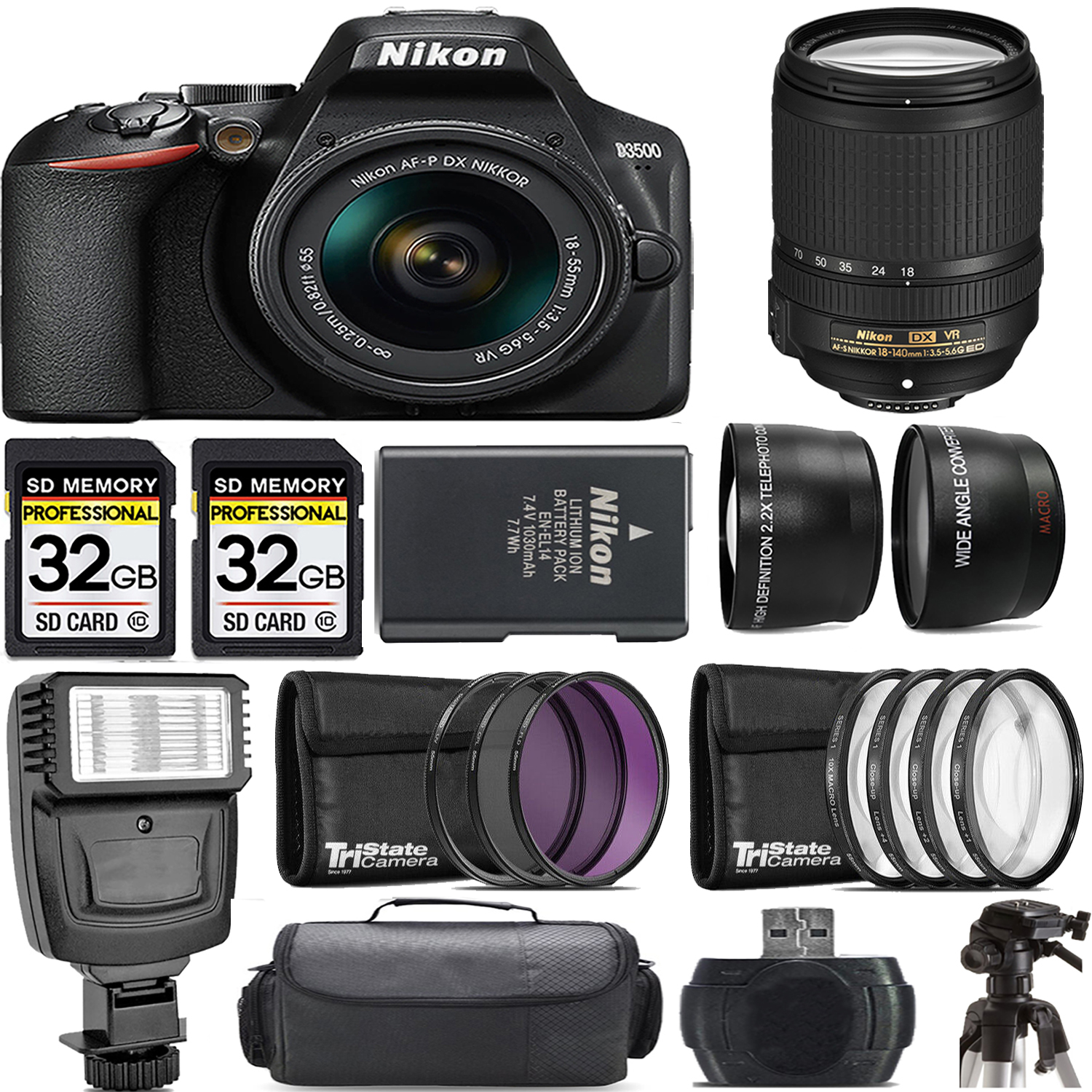 D3500 DSLR Camera with 18-55mm Lens + 70- 300mm Lens + Flash - Kit *FREE SHIPPING*