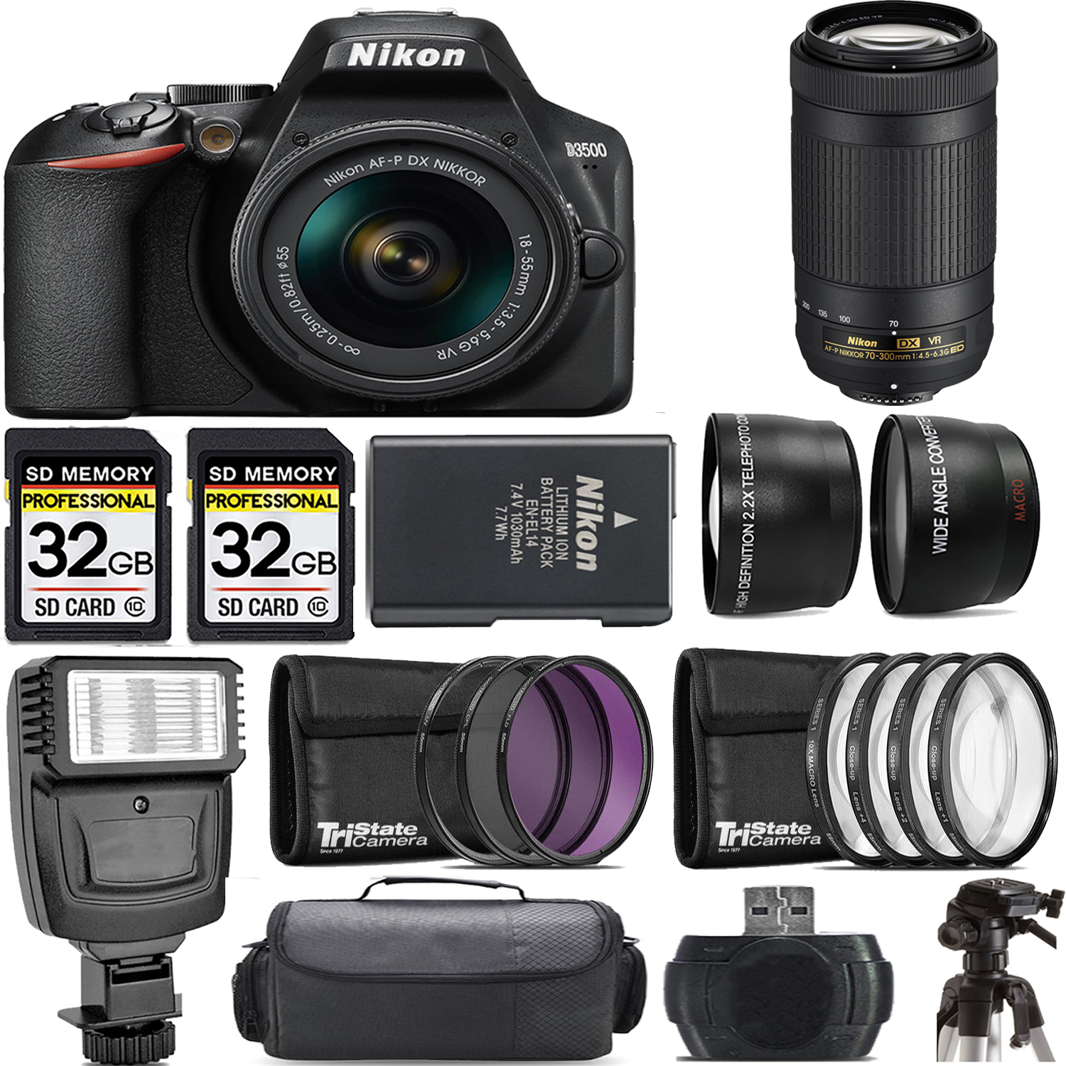 D3500 DSLR Camera with 18-55mm Lens + 70- 300mm VR Lens + Flash - Kit *FREE SHIPPING*