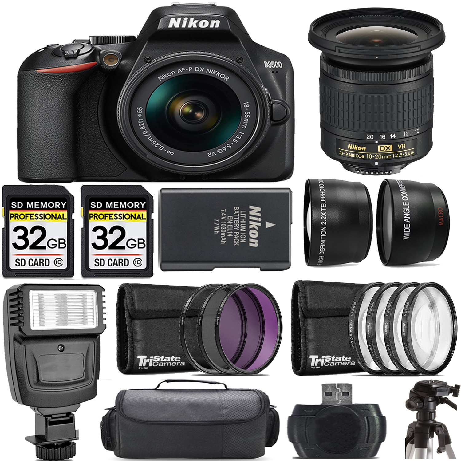 D3500 DSLR Camera with 18-55mm Lens + 10-20mm f/4.5-5.6G Lens + Flash - Kit *FREE SHIPPING*