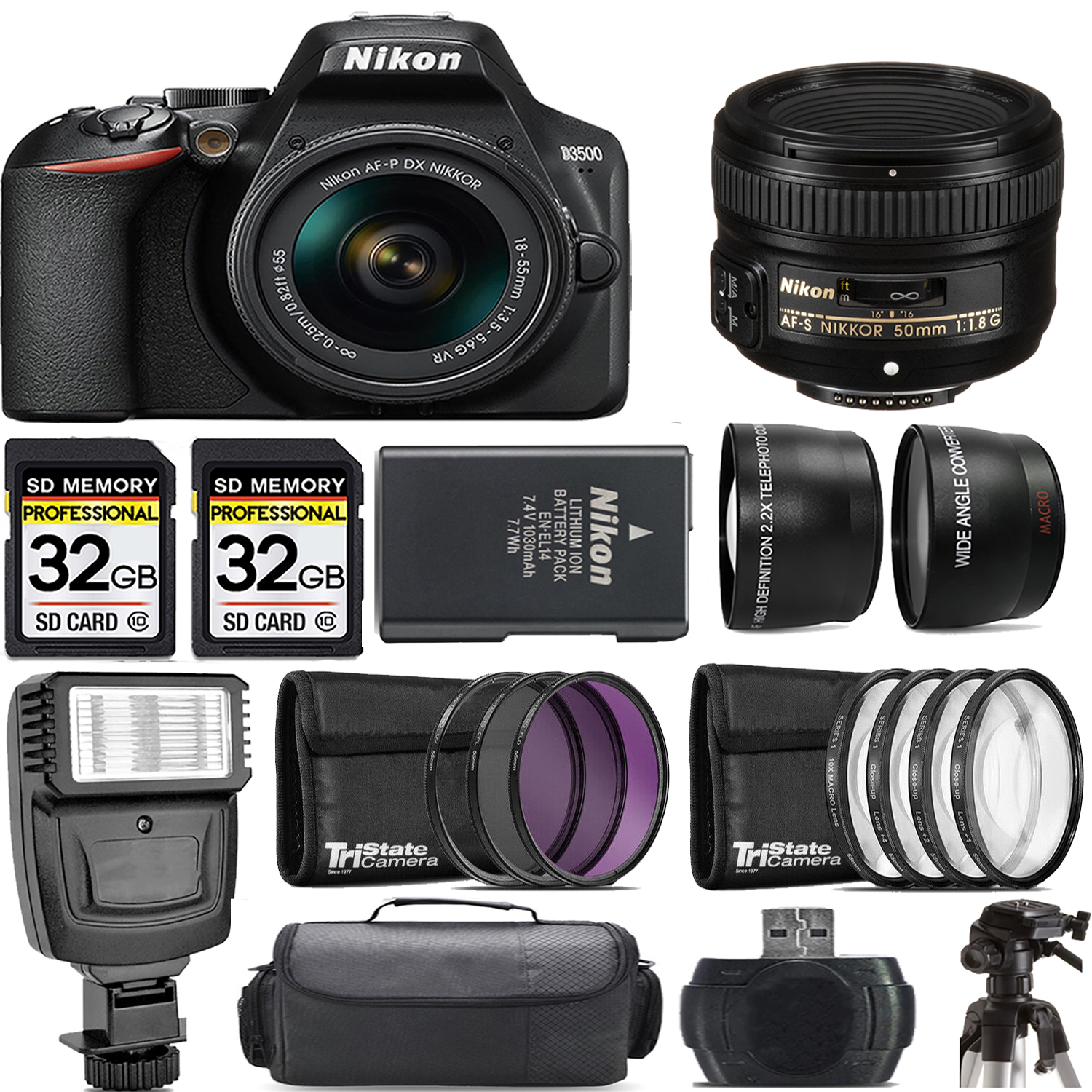 D3500 DSLR Camera with 18-55mm Lens + 50mm f/1.8 Lens + Flash - Kit *FREE SHIPPING*