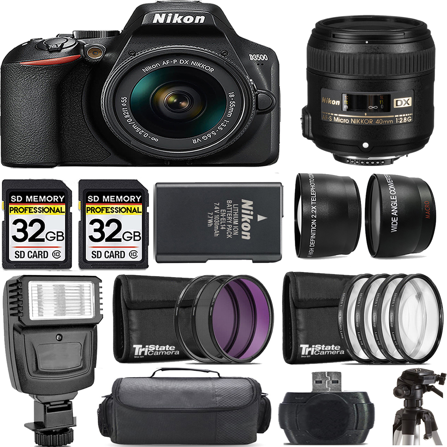 D3500 DSLR Camera with 18-55mm Lens + 40mm Lens + Flash - Kit *FREE SHIPPING*