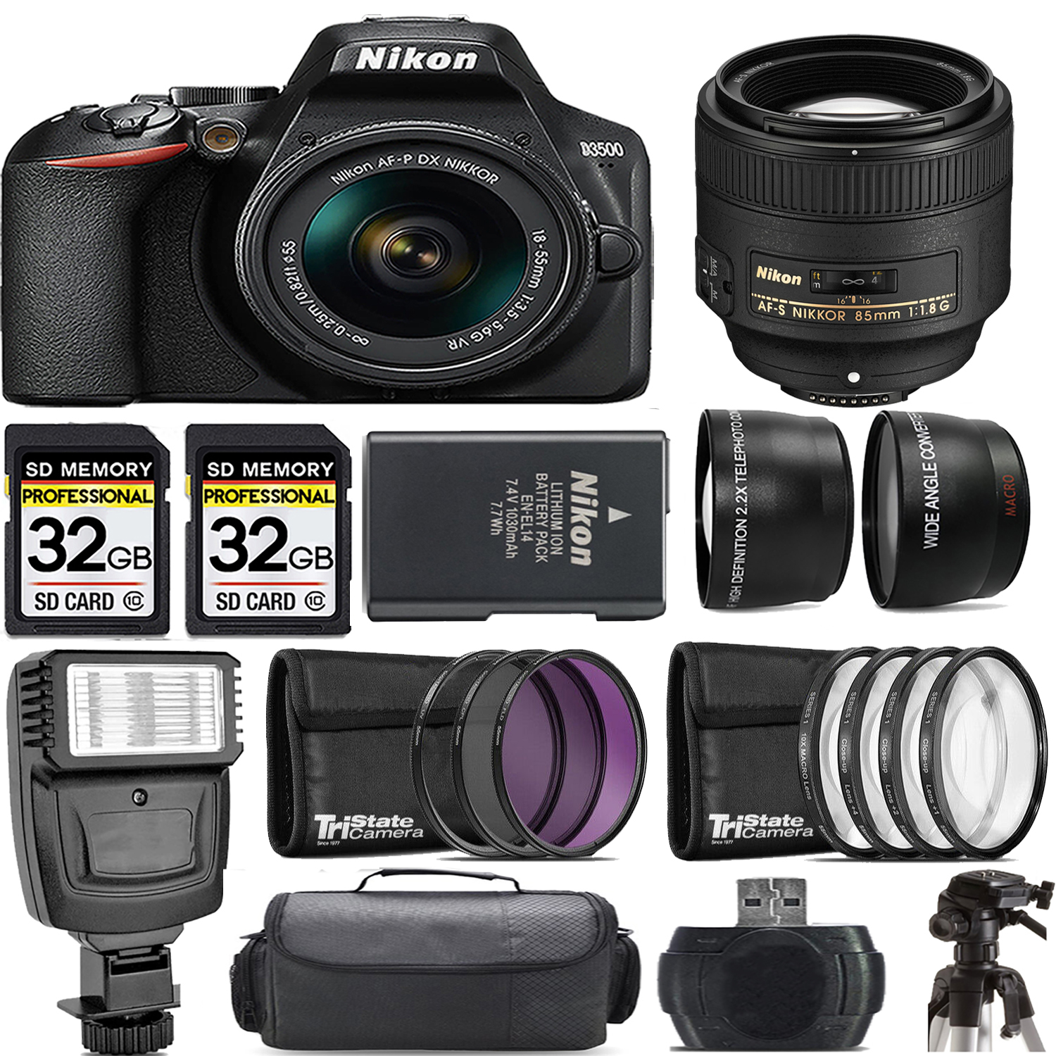 D3500 DSLR Camera with 18-55mm Lens + 85mm f/1.8G Lens + Flash - Kit *FREE SHIPPING*