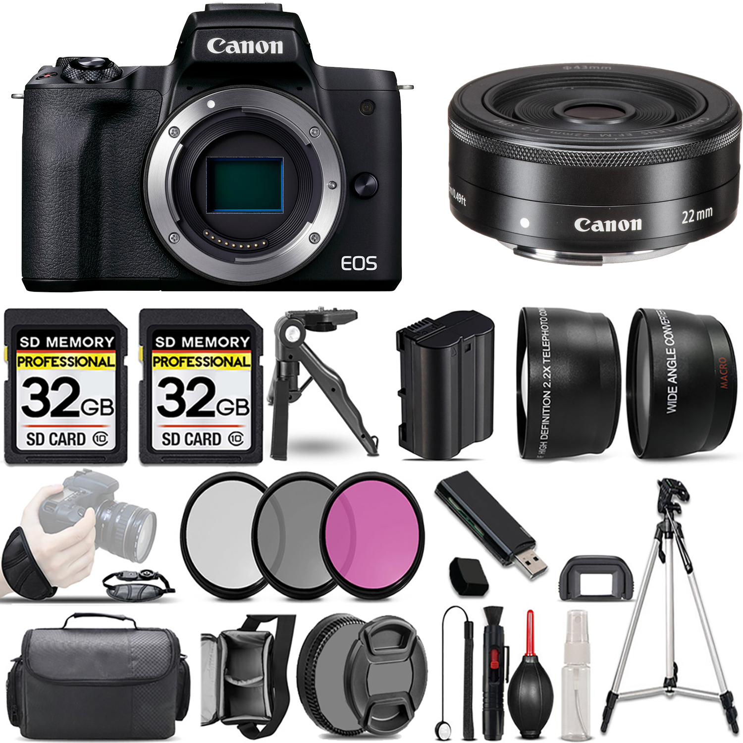 EOS EOS M50 Mark II Camera (Black) + 22mm f/2 STM Lens + 3 Piece Filter Set + 64GB *FREE SHIPPING*