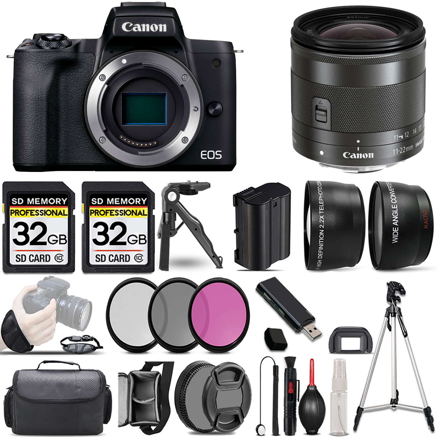 EOS M50 Mark II (Black) + 11-22mm f/4-5.6 IS STM Lens + 3 Piece Filter Set + 64GB - Kit *FREE SHIPPING*