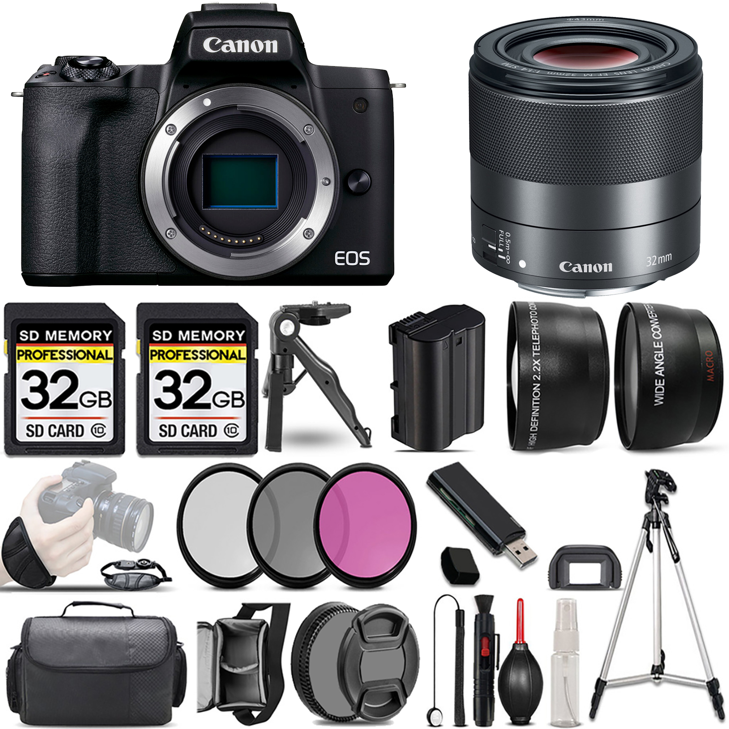 EOS M50 Mark II Camera (Black) + 32mm f/1.4 STM Lens + 3 Piece Filter Set + 64GB *FREE SHIPPING*