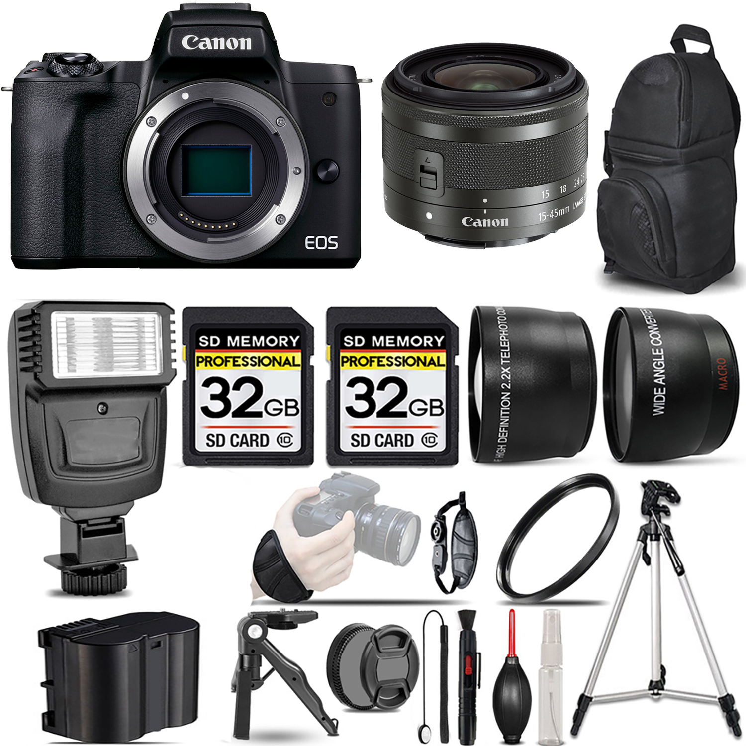 EOS M50 Mark II (Black) + 15-45mm IS STM Lens (Graphite) + Flash + 64GB - Kit *FREE SHIPPING*
