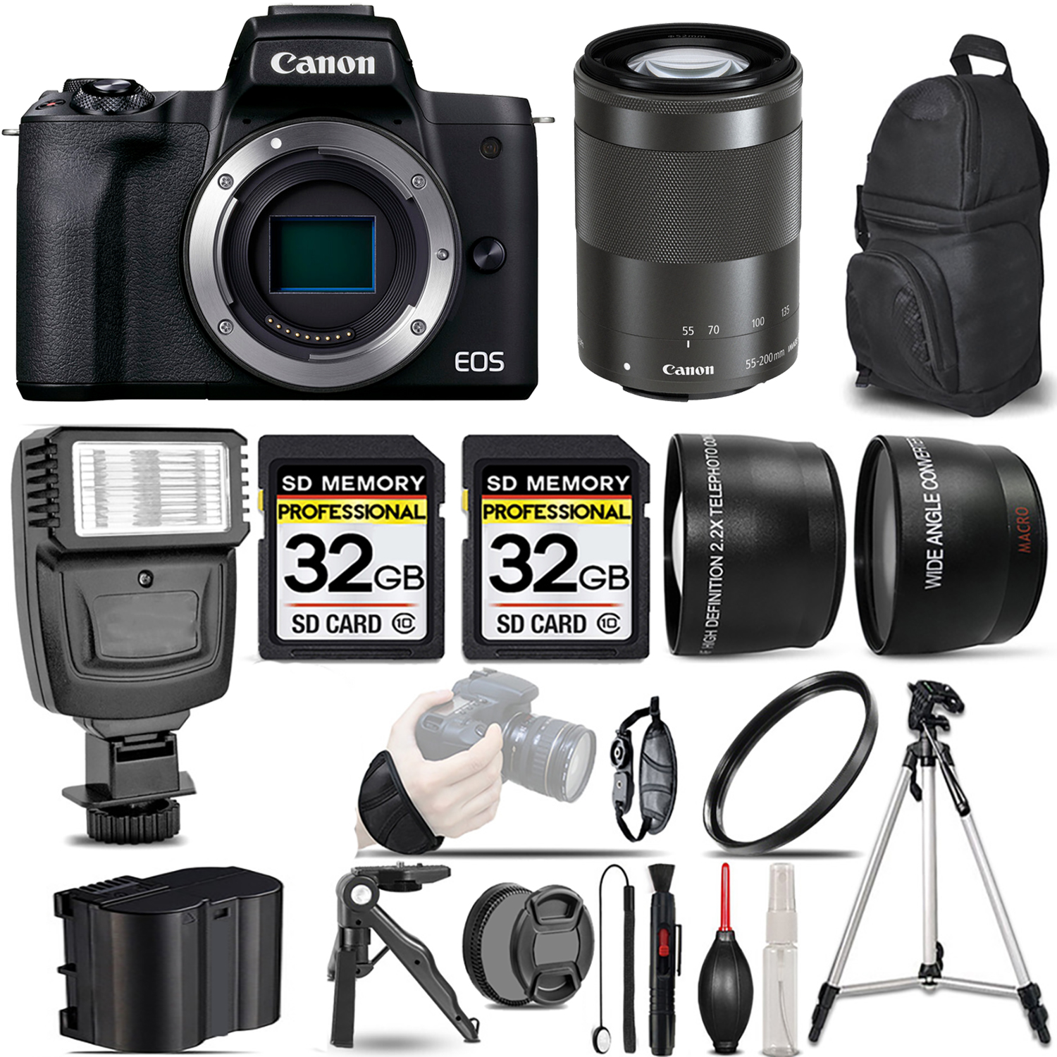 EOS M50 Mark II (Black) + 55-200mm f/4.5-6.3 IS STM Lens (Black) + Flash + 64GB *FREE SHIPPING*