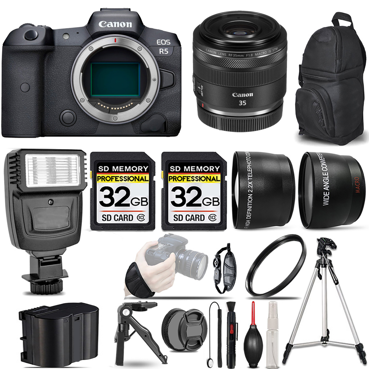 EOS R5 Mirrorless Camera + 35mm f/1.8 IS Macro STM Lens + Flash + 64GB - Kit *FREE SHIPPING*