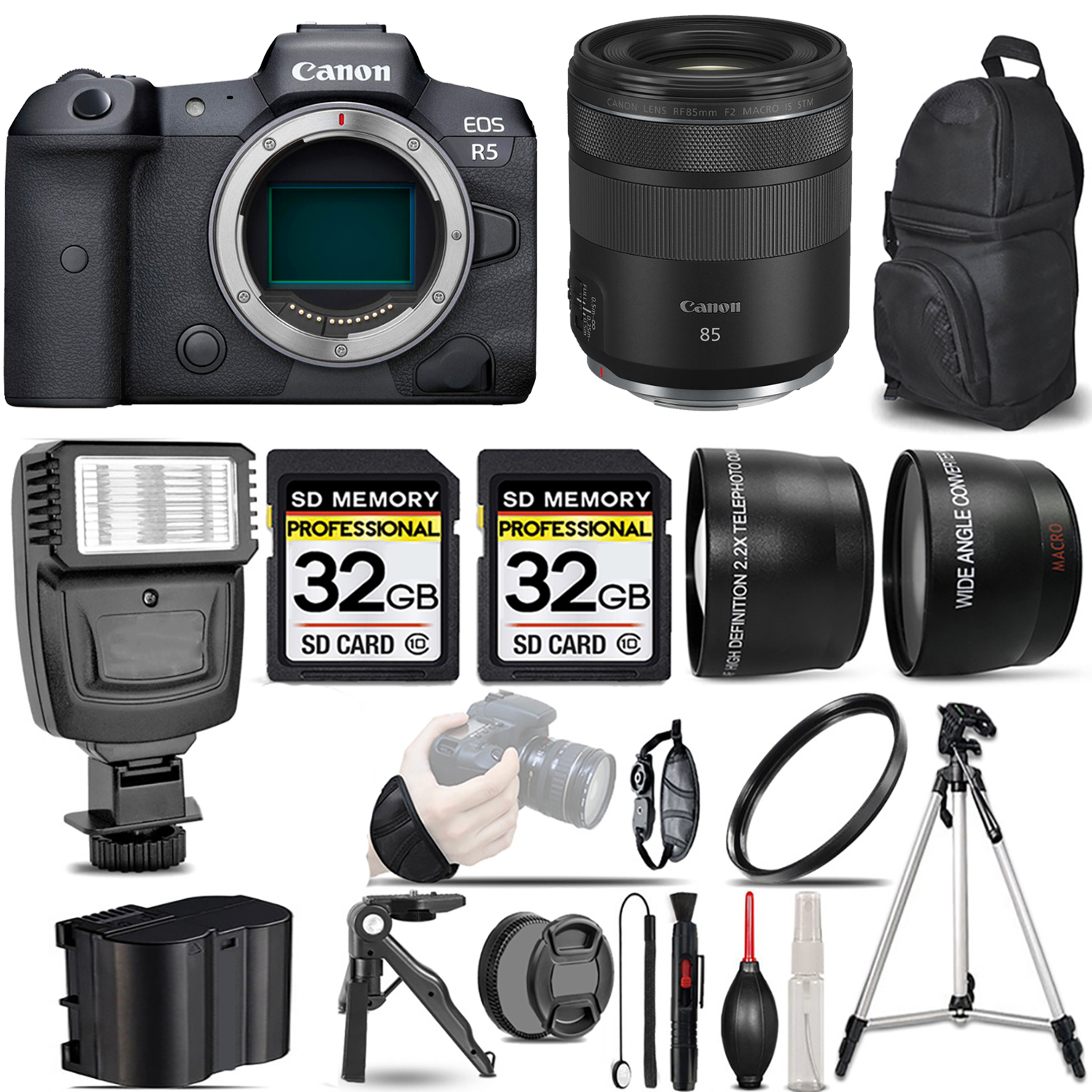 EOS R5 Mirrorless Camera + 85mm f/2 Macro IS STM Lens + Flash + 64GB - Kit *FREE SHIPPING*