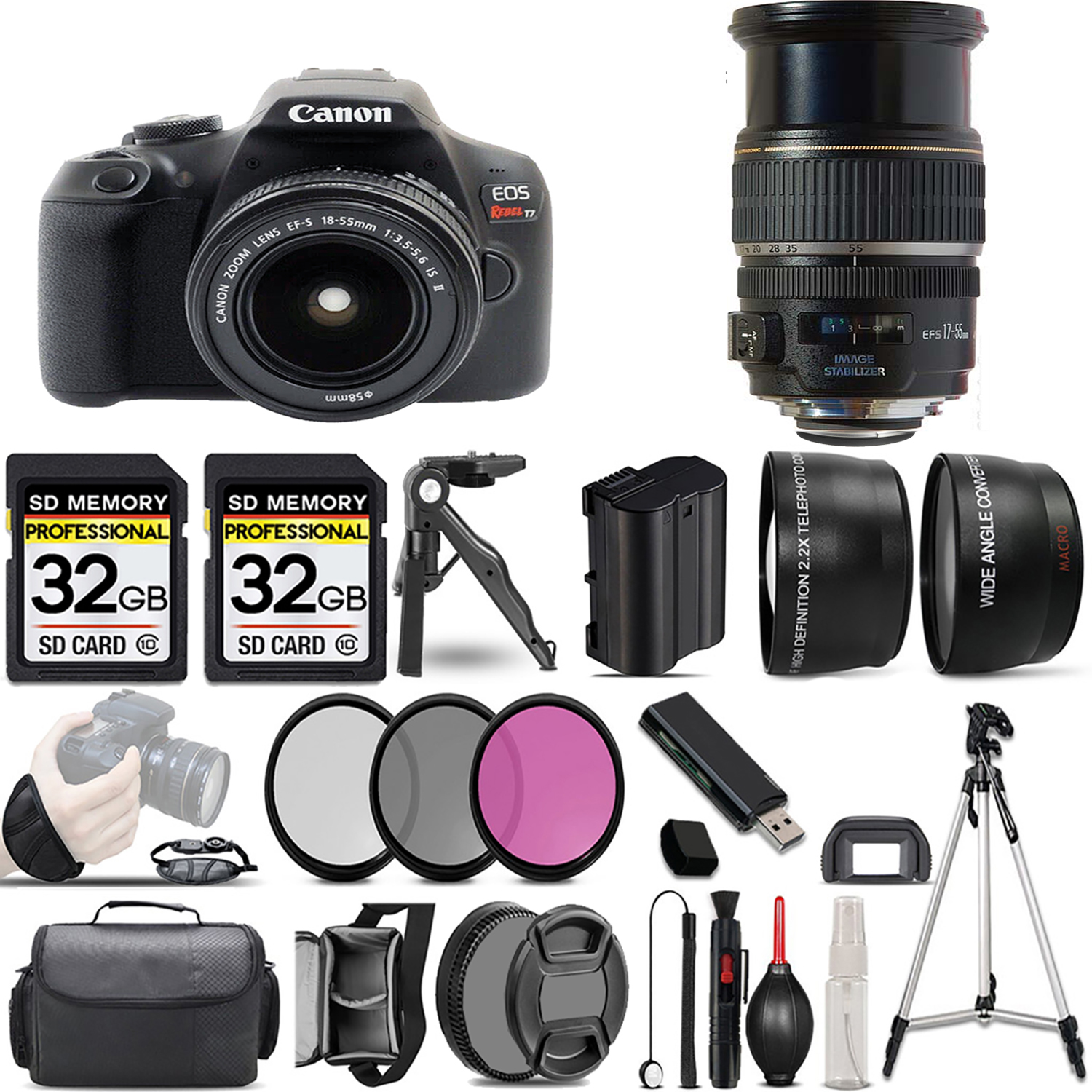 EOS Rebel T7 with 18-55mm Lens + 17-55mm f/2.8 IS USM Lens + 3 Piece Filter Set + 64GB *FREE SHIPPING*