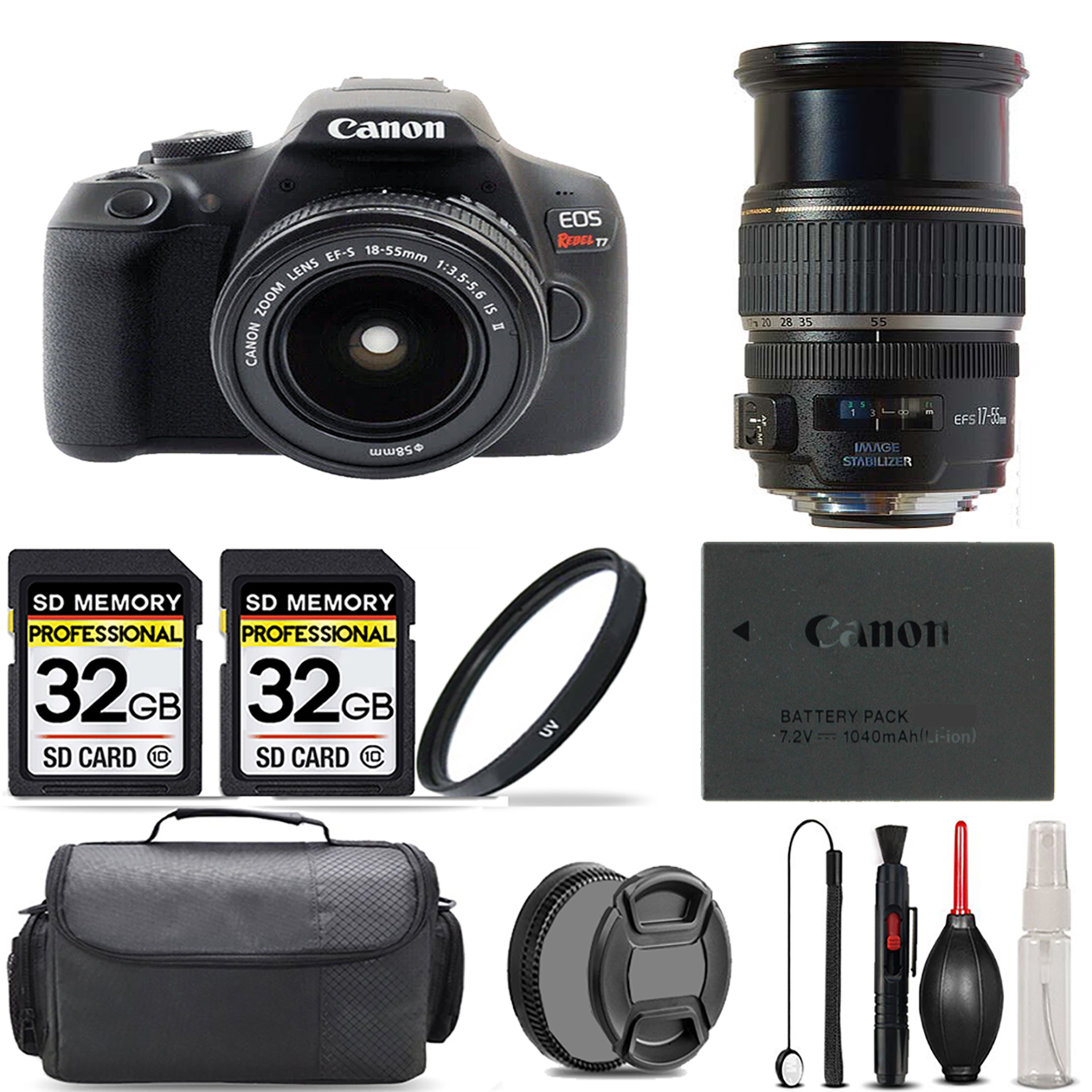 EOS Rebel T7 with 18-55mm Lens + 17-55mm IS USM Lens + UV Filter + 64GB + Bag *FREE SHIPPING*