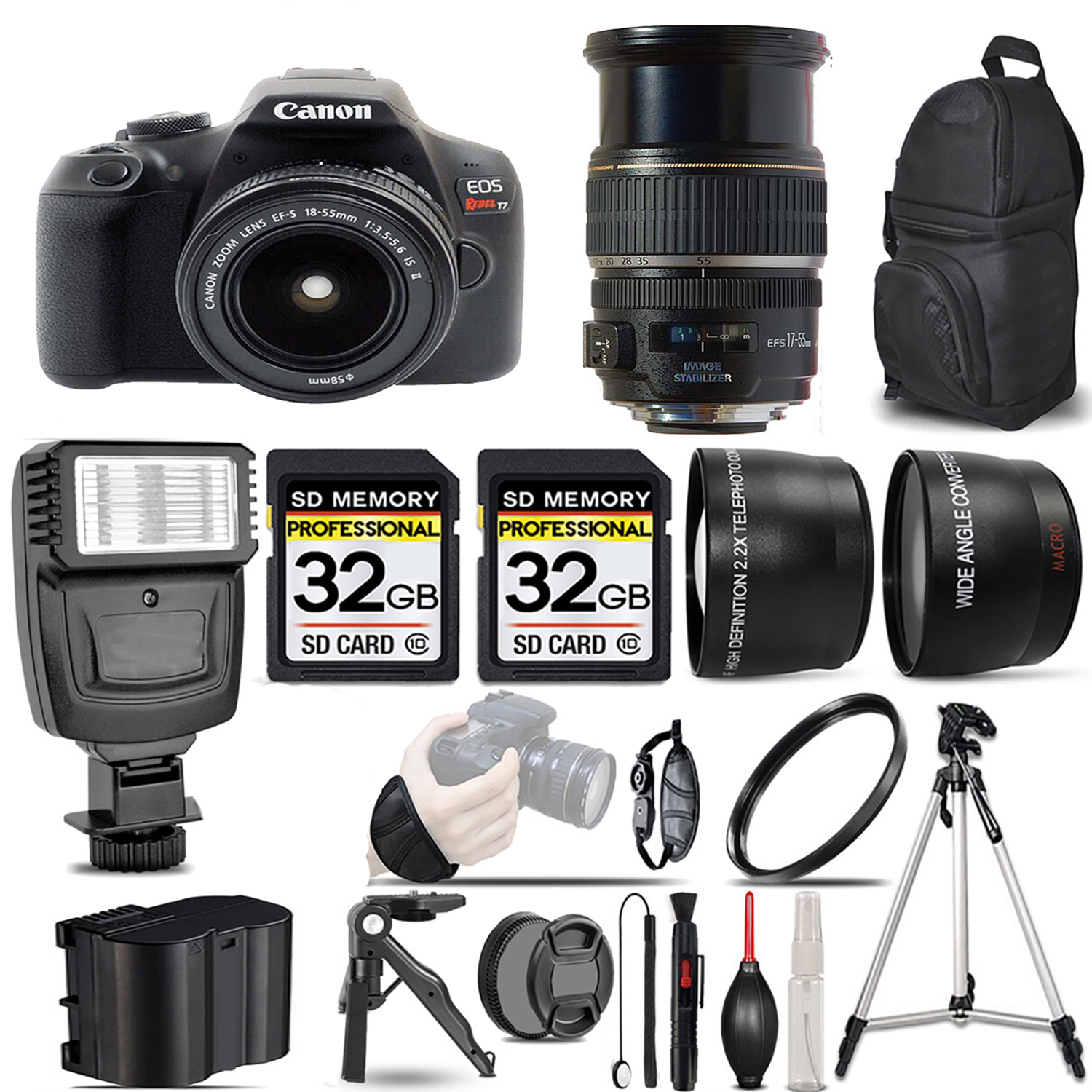 EOS Rebel T7 with 18-55mm Lens + 17-55mm f/2.8 IS USM Lens + Flash + 64GB - Kit *FREE SHIPPING*