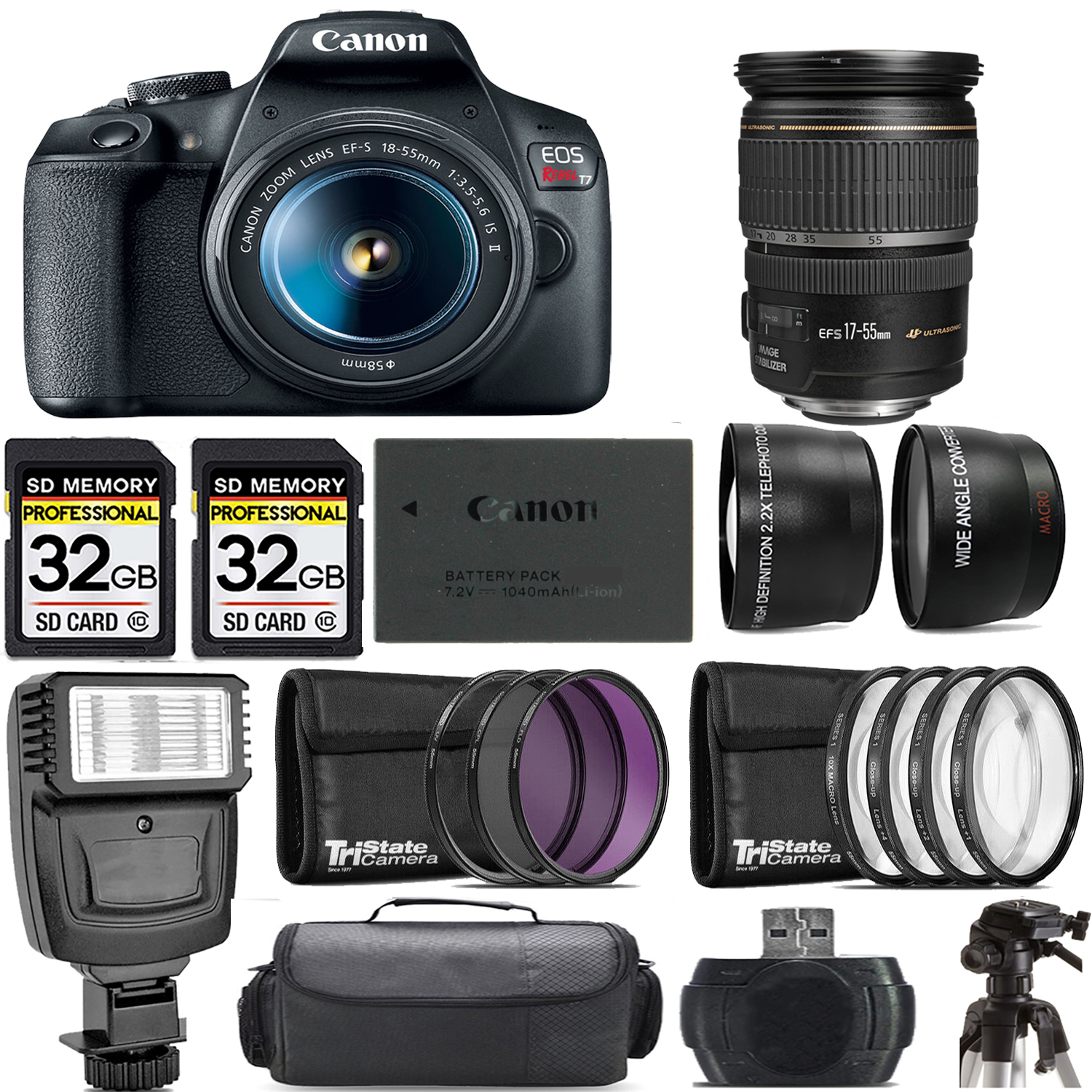 EOS Rebel T7 with 18-55mm Lens + 17-55mm f/2.8 IS USM Lens + Flash - Kit *FREE SHIPPING*