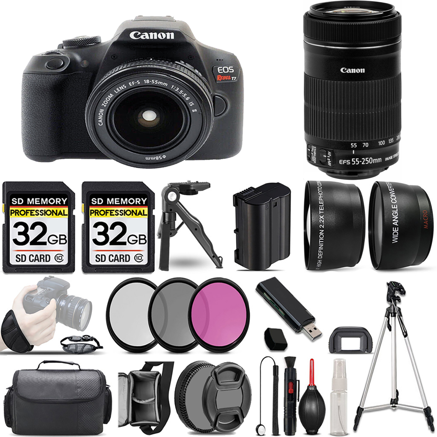 EOS Rebel T7 with 18-55mm Lens + 55-250mm IS STM Lens + 3 Piece Filter Set + 64GB *FREE SHIPPING*