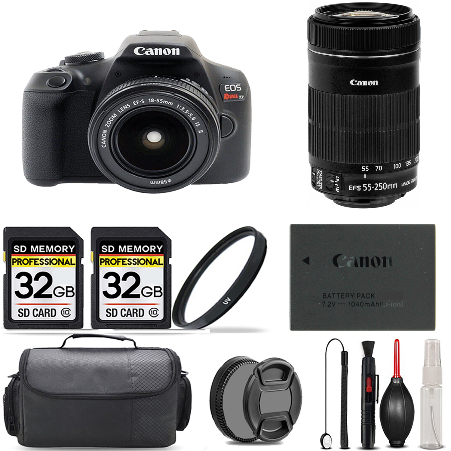 EOS Rebel T7 with 18-55mm Lens + 55-250mm IS STM Lens + UV Filter + 64GB + Bag *FREE SHIPPING*