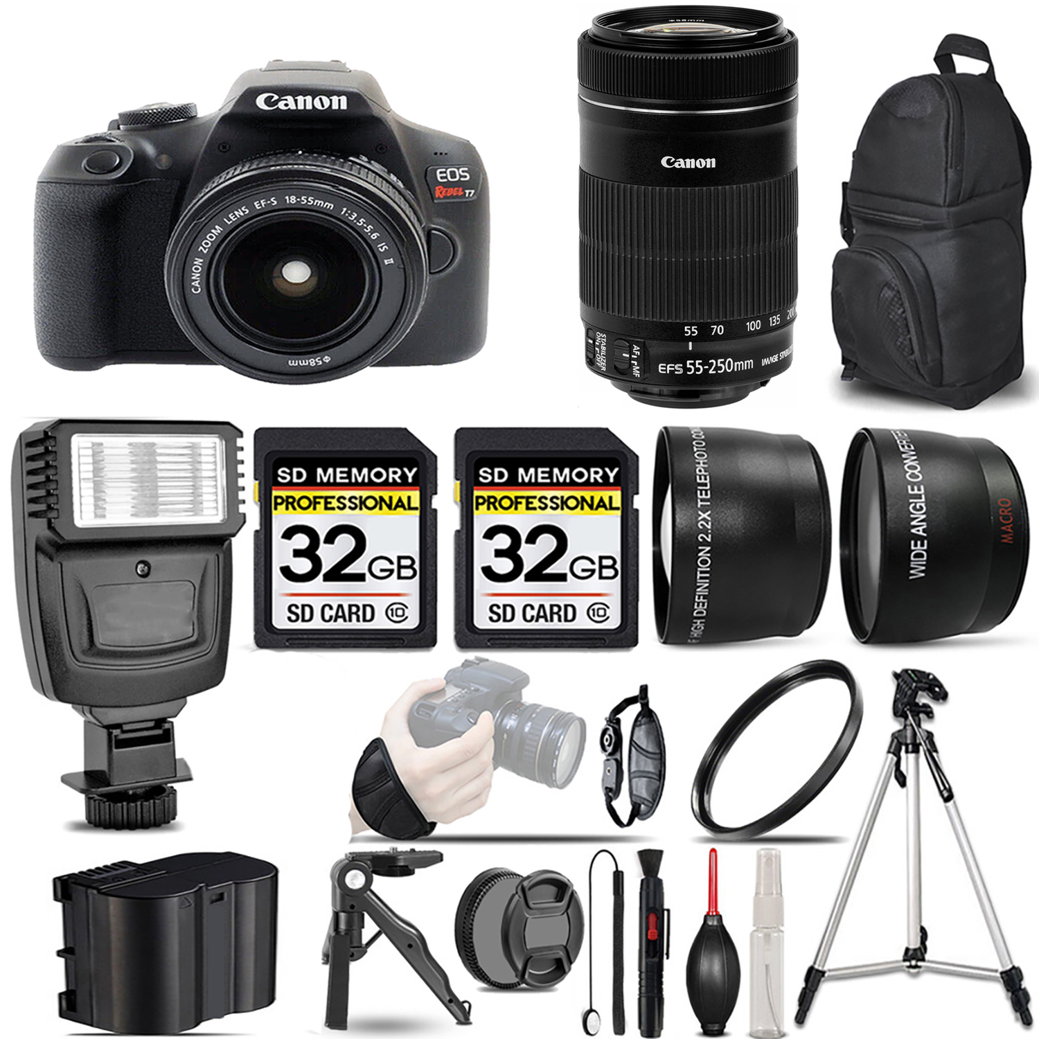EOS Rebel T7 with 18-55mm Lens + 55-250mm f/4-5.6 IS STM Lens + Flash + 64GB - Kit *FREE SHIPPING*