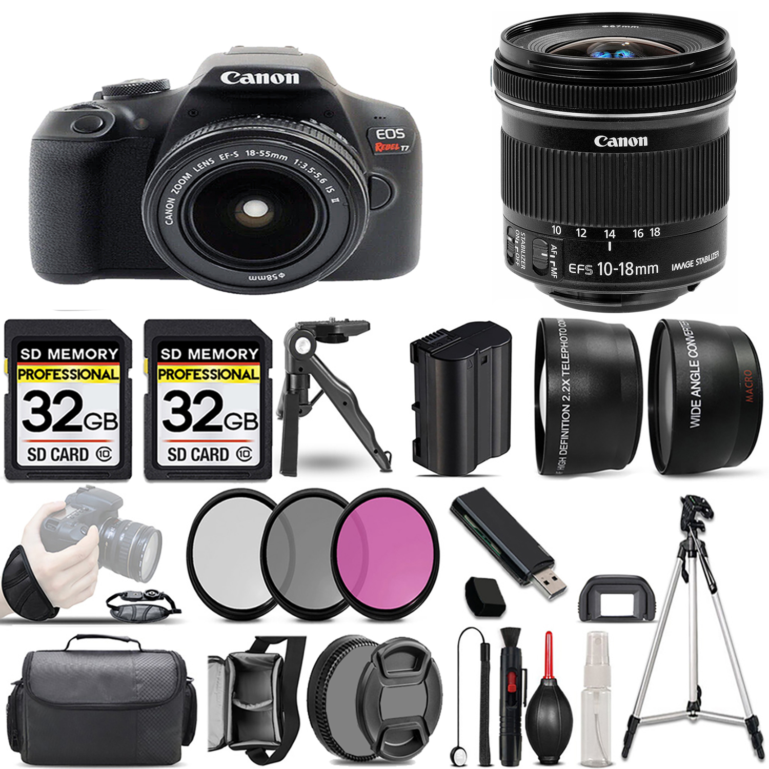 EOS Rebel T7 with 18-55mm Lens + 10-18mm IS STM Lens + 3 Piece Filter Set + 64GB *FREE SHIPPING*