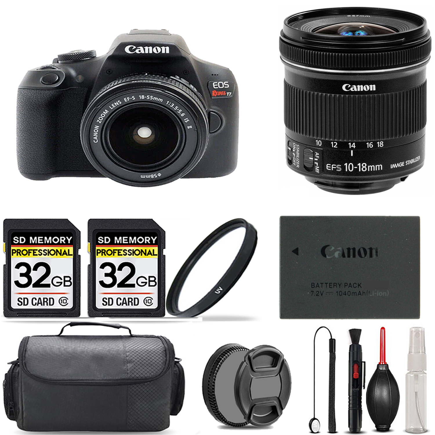 EOS Rebel T7 with 18-55mm Lens + 10-18mm IS STM Lens + UV Filter + 64GB + Bag *FREE SHIPPING*