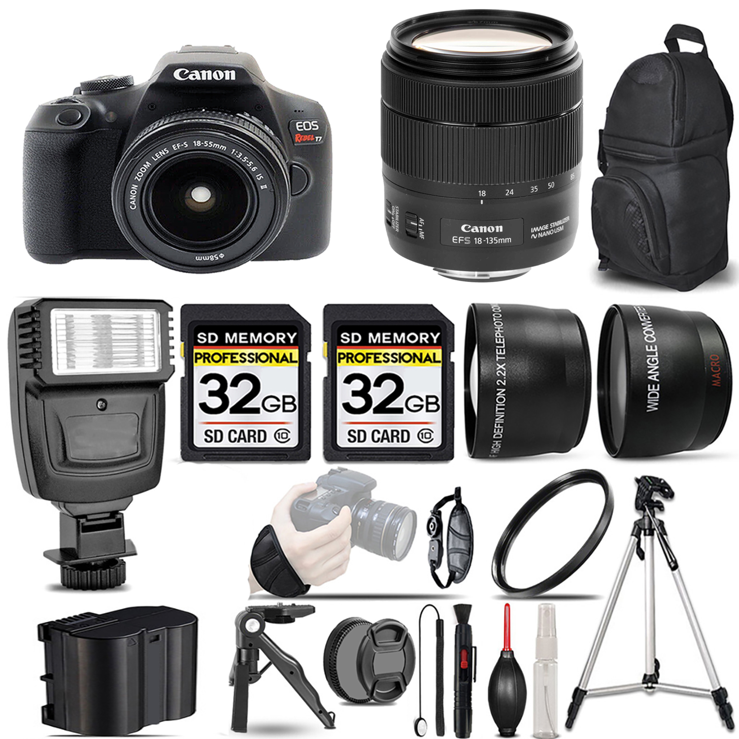Rebel T7 with 18-55mm Lens + 18-135mm f/3.5-5.6 IS USM Lens + Flash + 64GB *FREE SHIPPING*