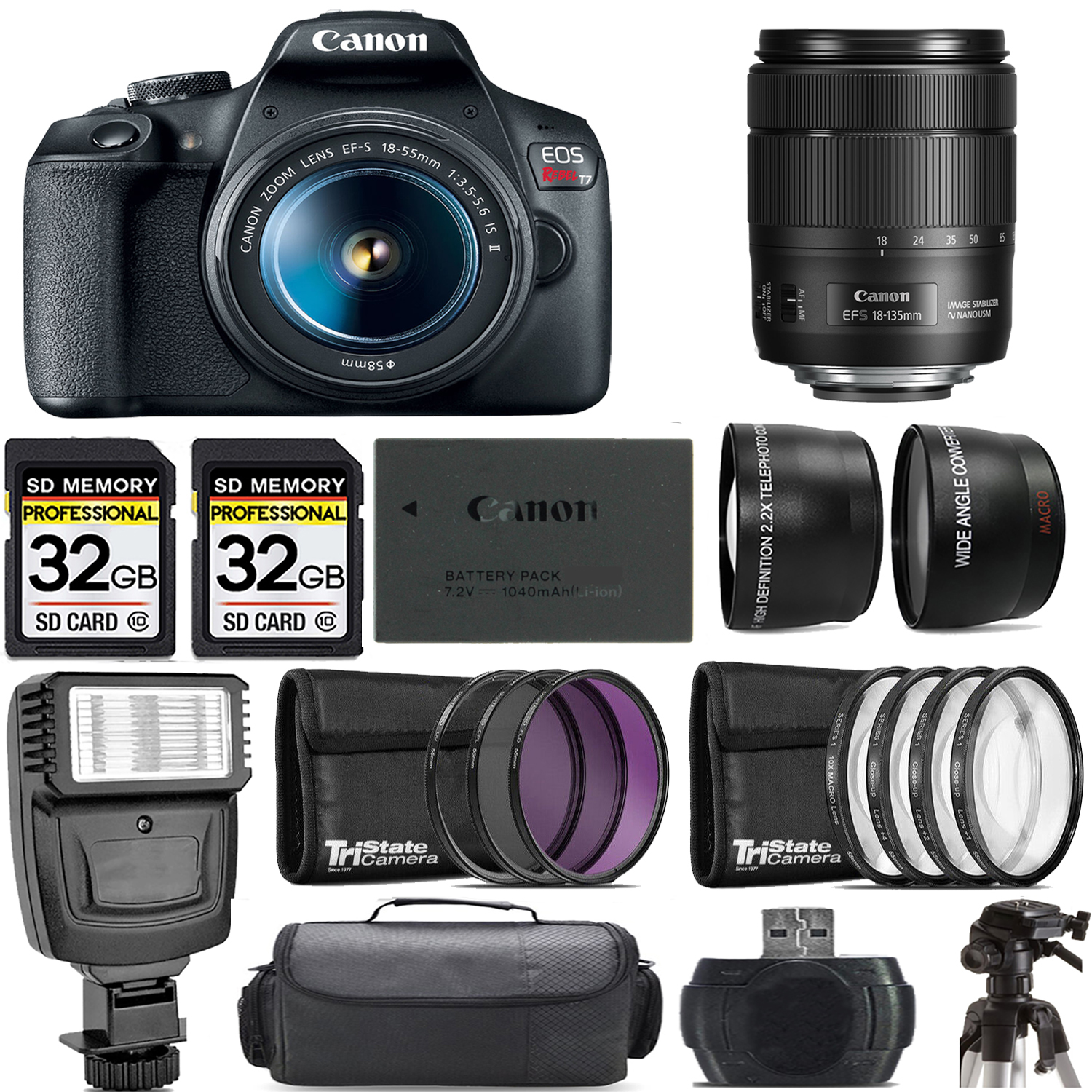 EOS Rebel T7 with 18-55mm Lens + 18-135mm f/3.5-5.6 IS USM Lens + Flash - Kit *FREE SHIPPING*