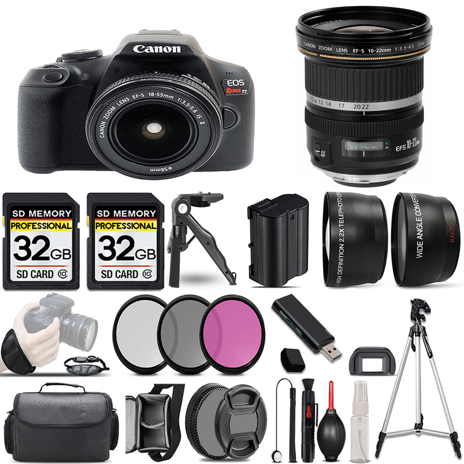Rebel T7 with 18-55mm Lens + 10-22mm f/3.5- 4.5 USM Lens + 3 Piece Filter Set + 64GB *FREE SHIPPING*