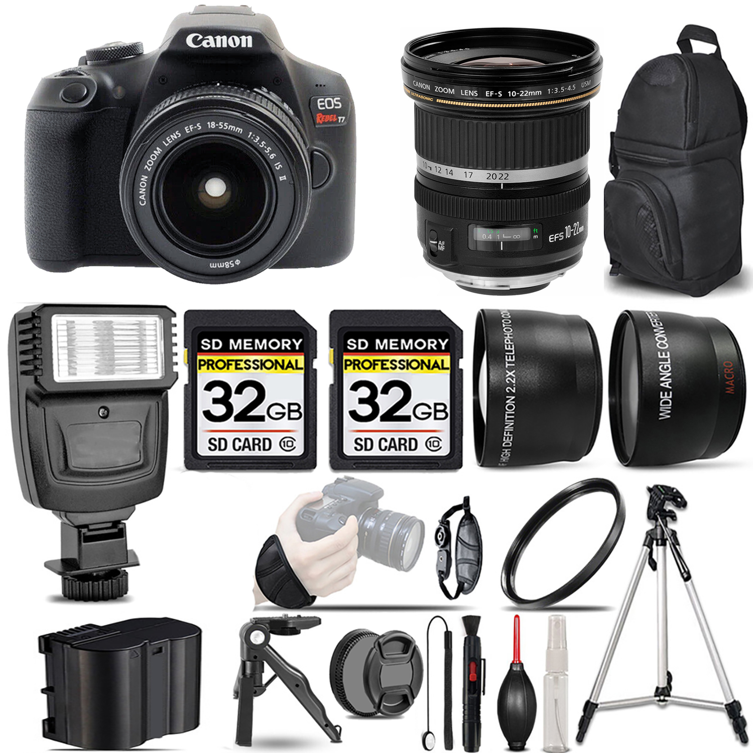 EOS Rebel T7 with 18-55mm Lens + 10-22mm f/3.5- 4.5 USM Lens + Flash + 64GB - Kit *FREE SHIPPING*