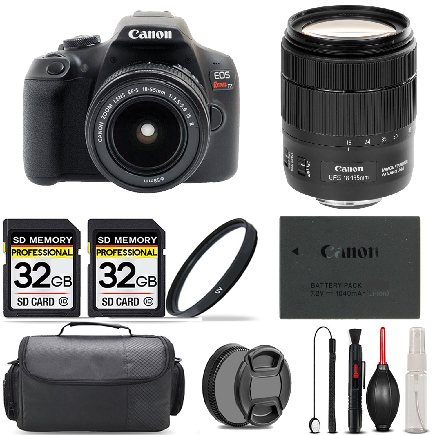 EOS Rebel T7 with 18-55mm Lens + 18-135mm IS USM Lens + UV Filter + 64GB + Bag *FREE SHIPPING*