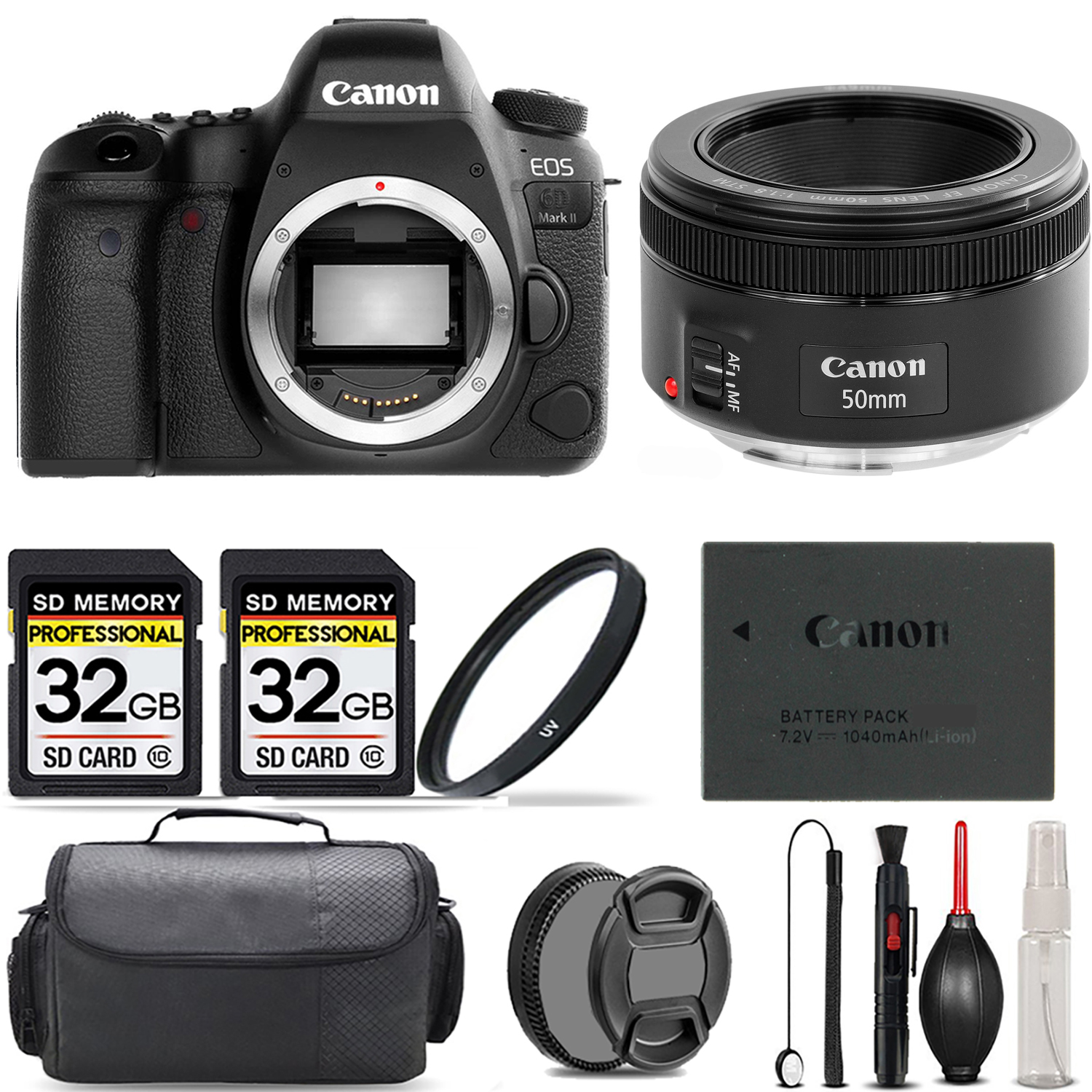EOS 6D Mark II Camera + 50mm f/1.8 STM Lens + UV Filter + 64GB +Bag & More! *FREE SHIPPING*