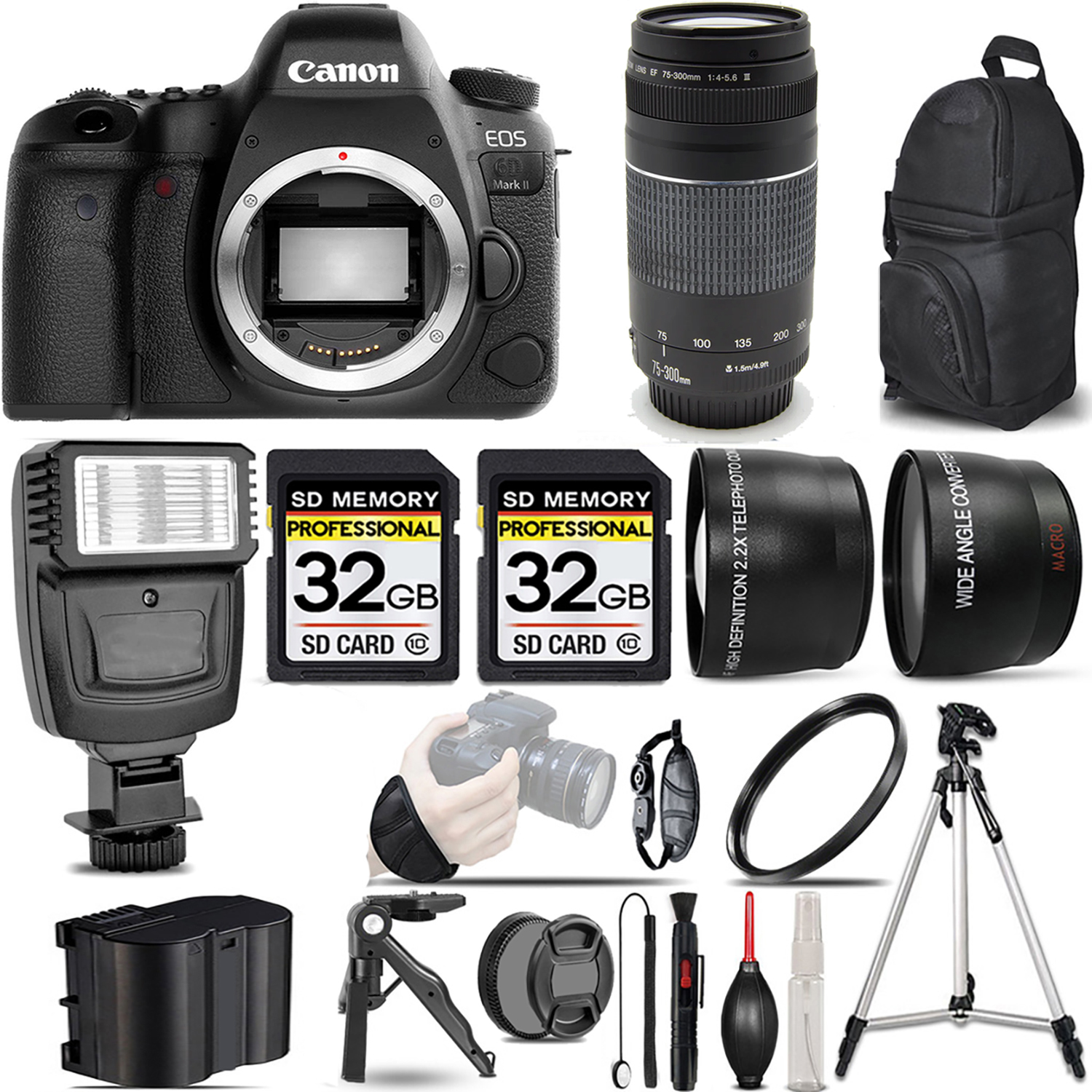 EOS 6D Mark II DSLR Camera +75-300mm f/4-5.6 III Lens +Flash +64GB- Kit *FREE SHIPPING*