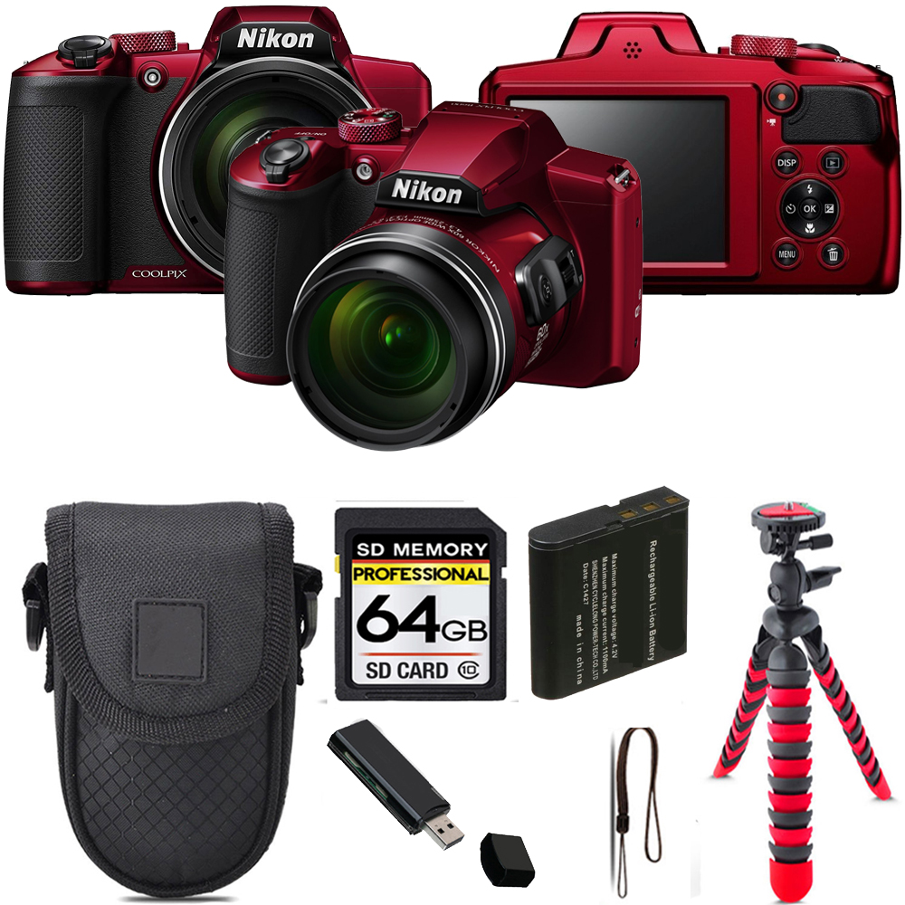 COOLPIX B600 Digital Camera (Red) + Tripod + Case - 64GB Kit *FREE SHIPPING*