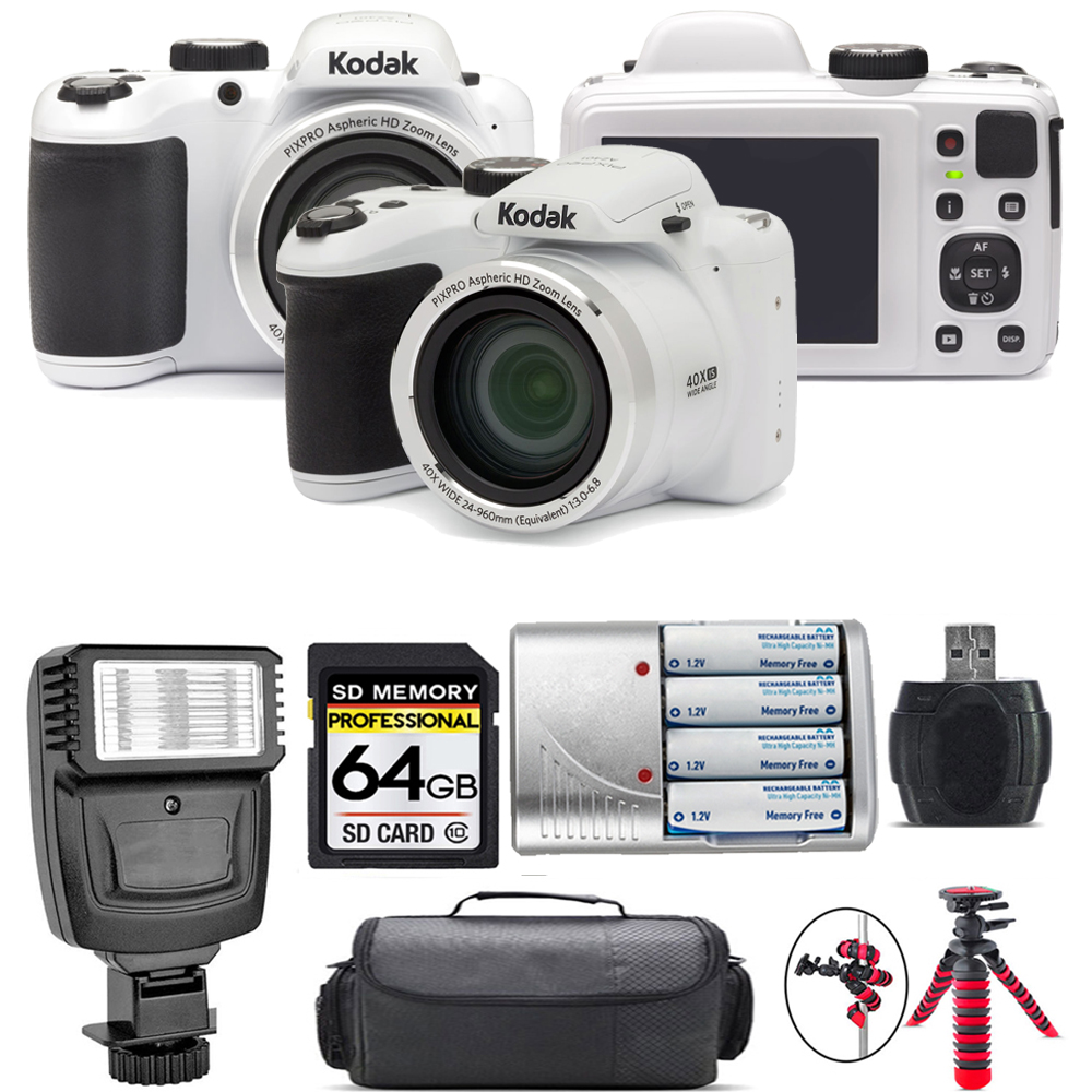 PIXPRO AZ401 Camera (White) + Extra Battery + Flash - 64GB Kit *FREE SHIPPING*