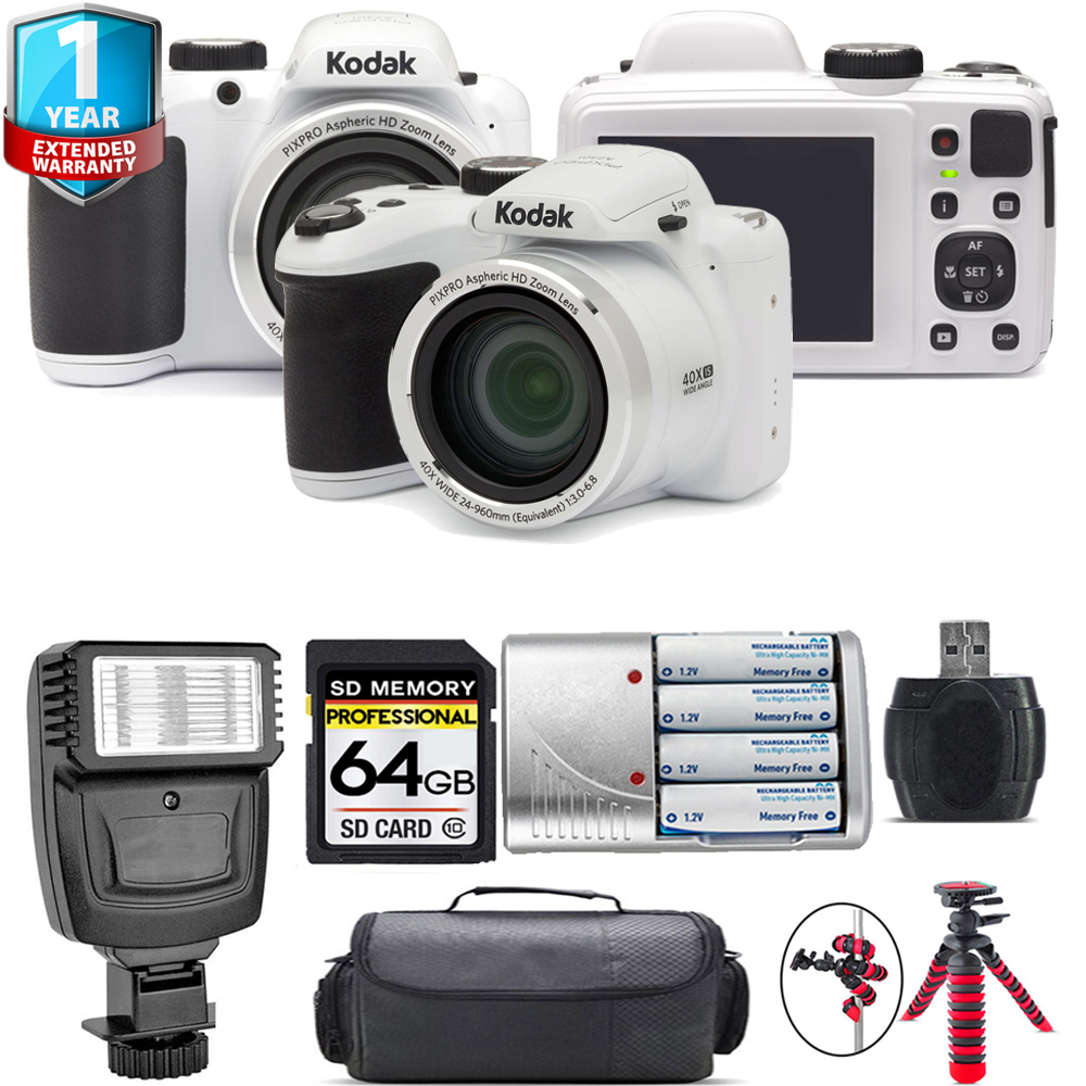 PIXPRO AZ401 Camera (White) + 1 Year Extended Warranty + Flash - 64GB Kit *FREE SHIPPING*