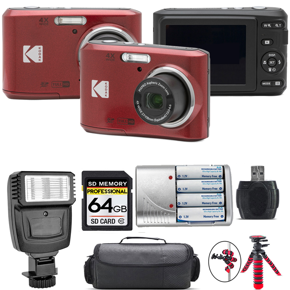 Pixpro FZ45 Camera (Red) + Extra Battery + Flash - 64GB Kit *FREE SHIPPING*