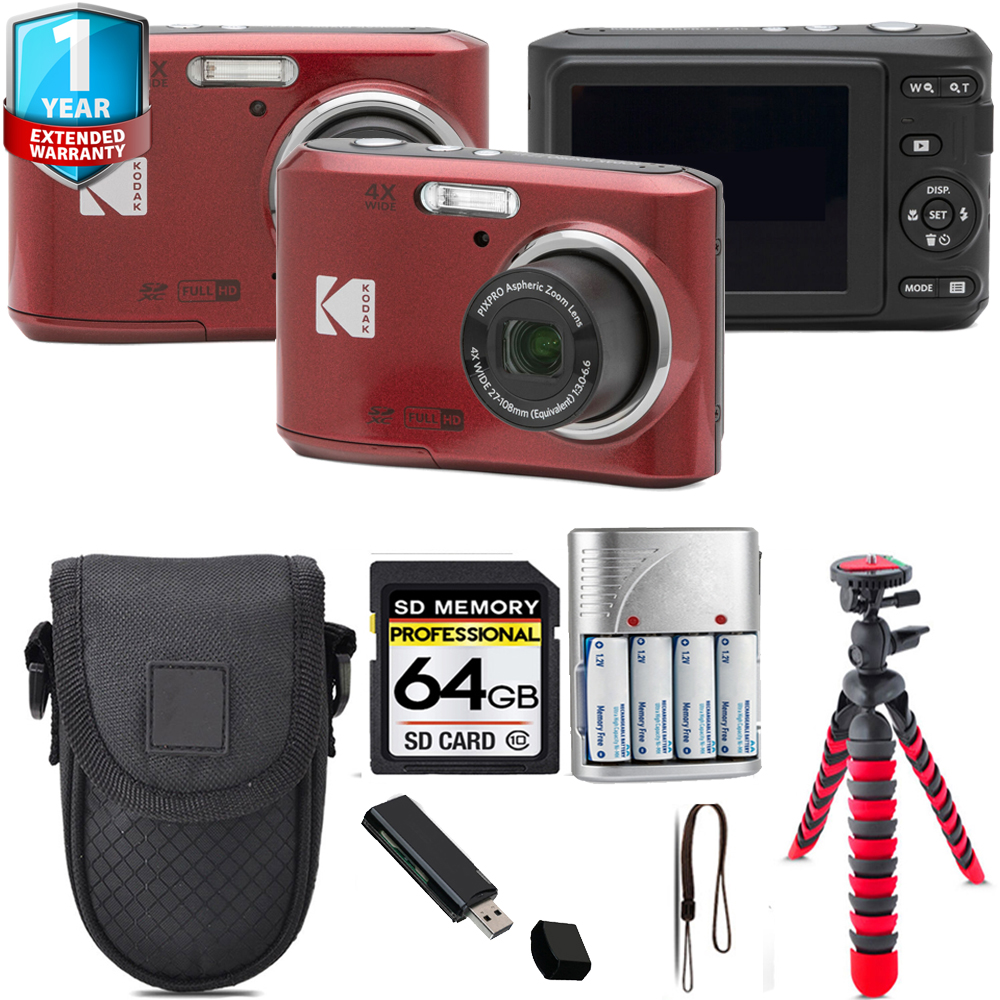 Pixpro FZ45 Camera (Red) + Tripod + 1 Year Extended Warranty - 64GB Kit *FREE SHIPPING*