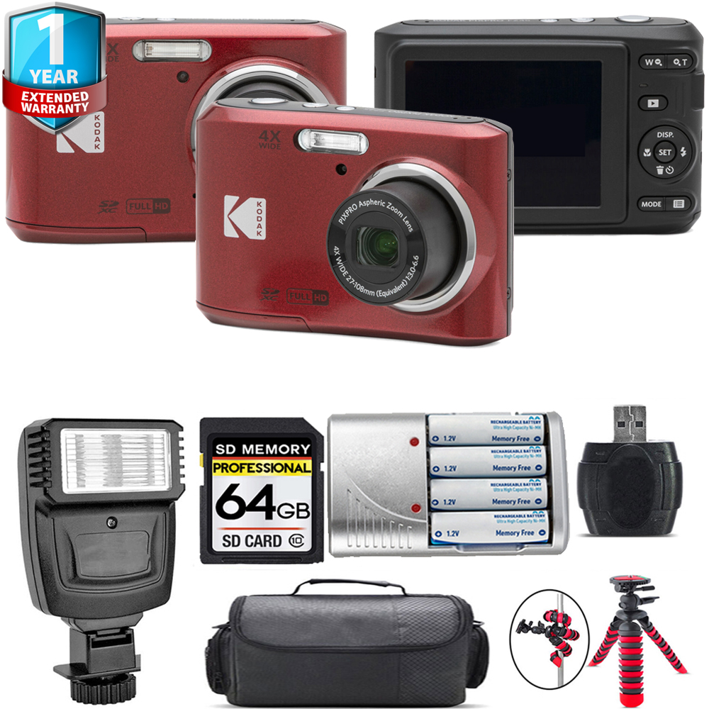 Pixpro FZ45 Camera (Red) + 1 Year Extended Warranty + Flash - 64GB Kit *FREE SHIPPING*