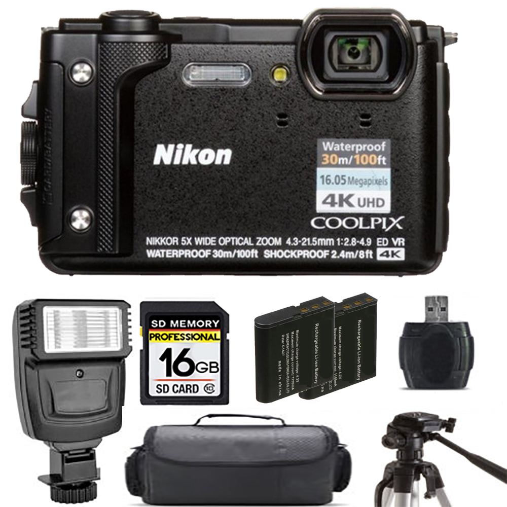 COOLPIX W300 Camera (Black) + Extra Battery + Flash - 16GB Kit *FREE SHIPPING*