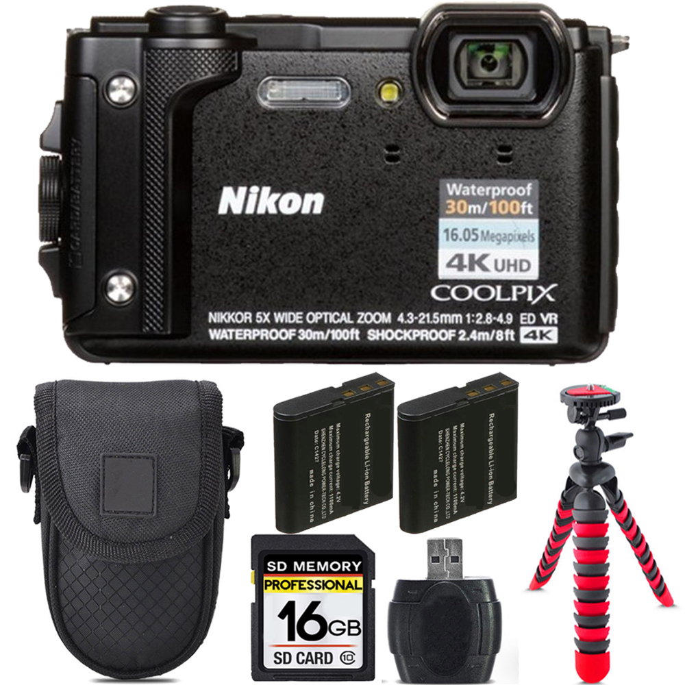 COOLPIX W300 Camera (Black) + Extra Battery + Tripod + Case -16GB Kit *FREE SHIPPING*