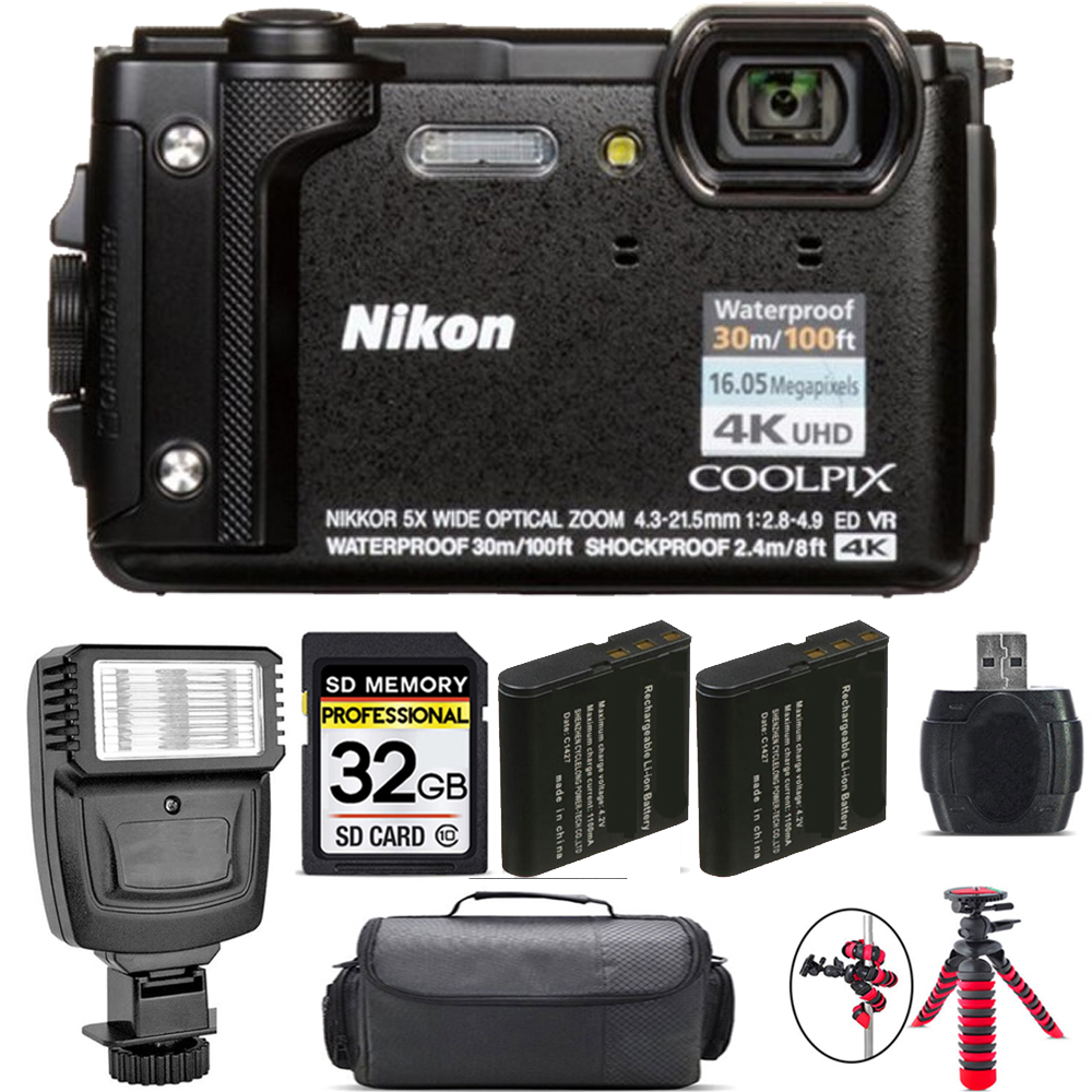 NIKON | COOLPIX W300 Camera (Black) + Extra Battery + Flash - 32GB