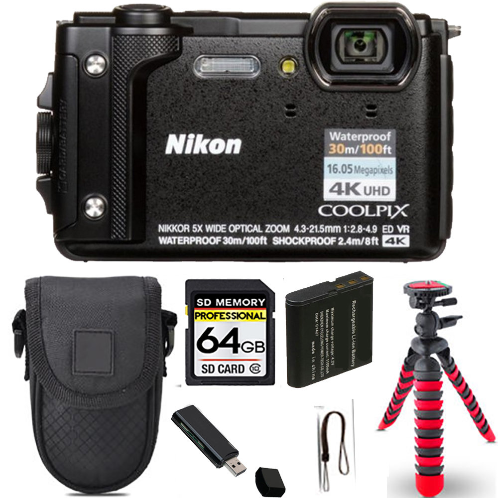 COOLPIX W300 Camera (Black) + Spider Tripod + Case - 64GB Kit *FREE SHIPPING*