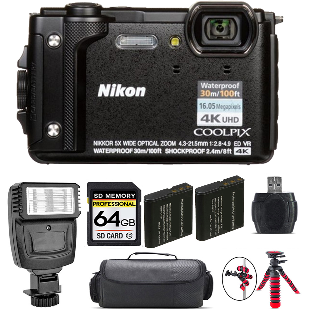 NIKON | COOLPIX W300 Camera (Black) + Extra Battery + Flash - 64GB