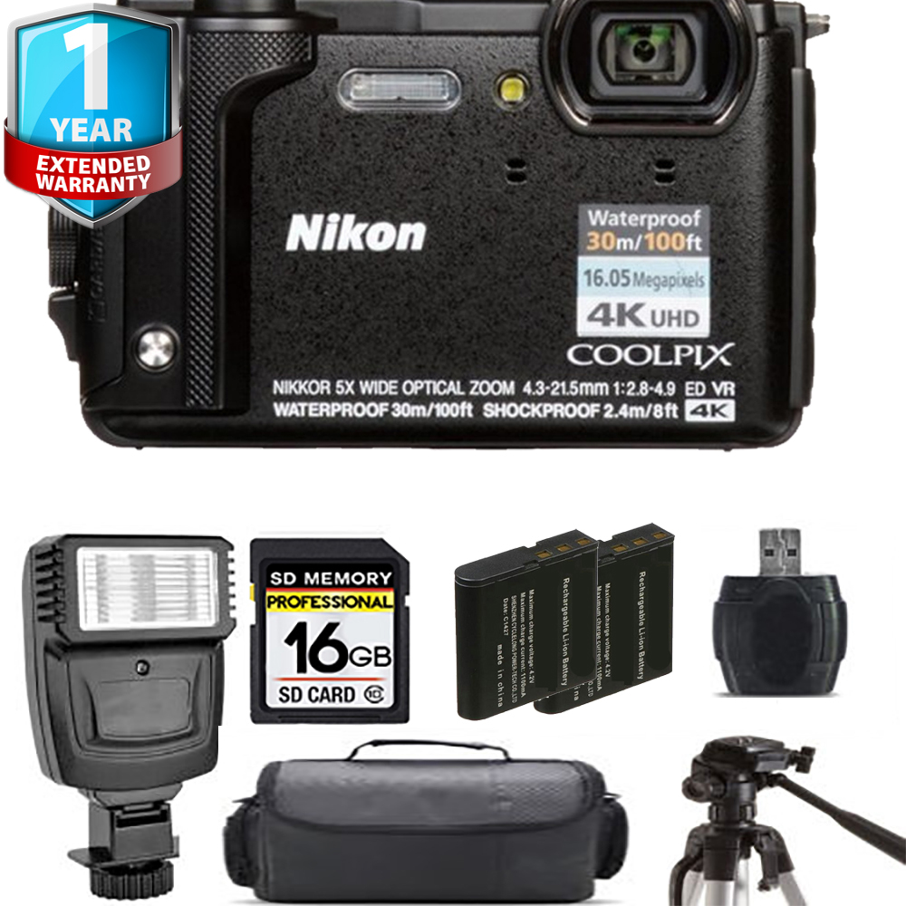 COOLPIX W300 Camera (Black) + Extra Battery + Flash + 1 Year Extended Warranty *FREE SHIPPING*